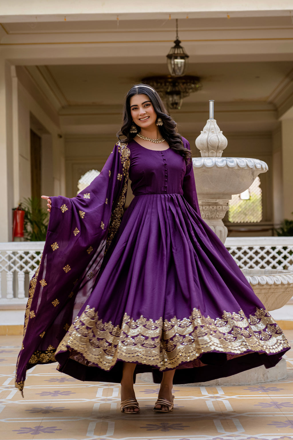 Wine star georgette sequins embroidered gown with dupatta