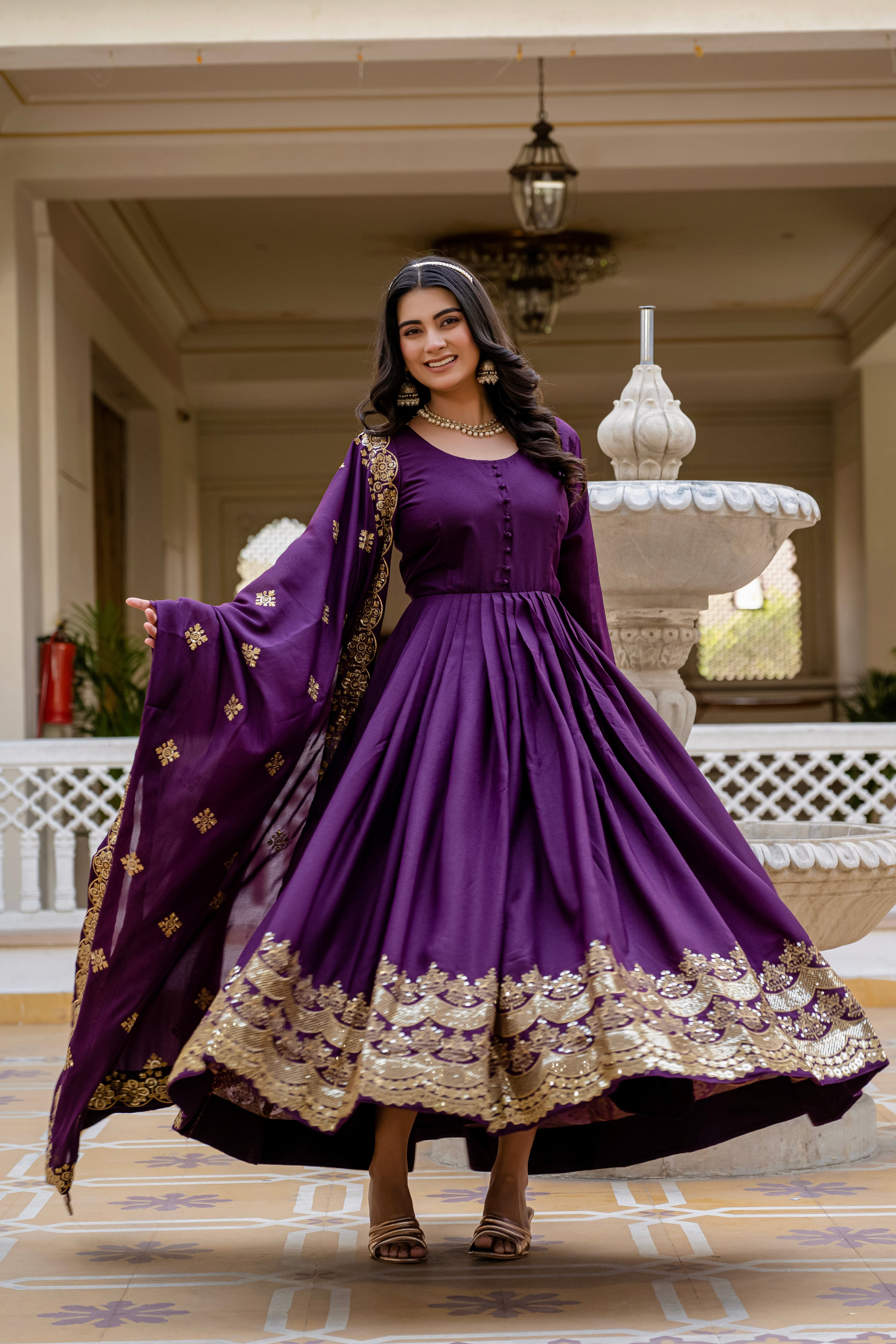 Wine star georgette sequins embroidered gown with dupatta