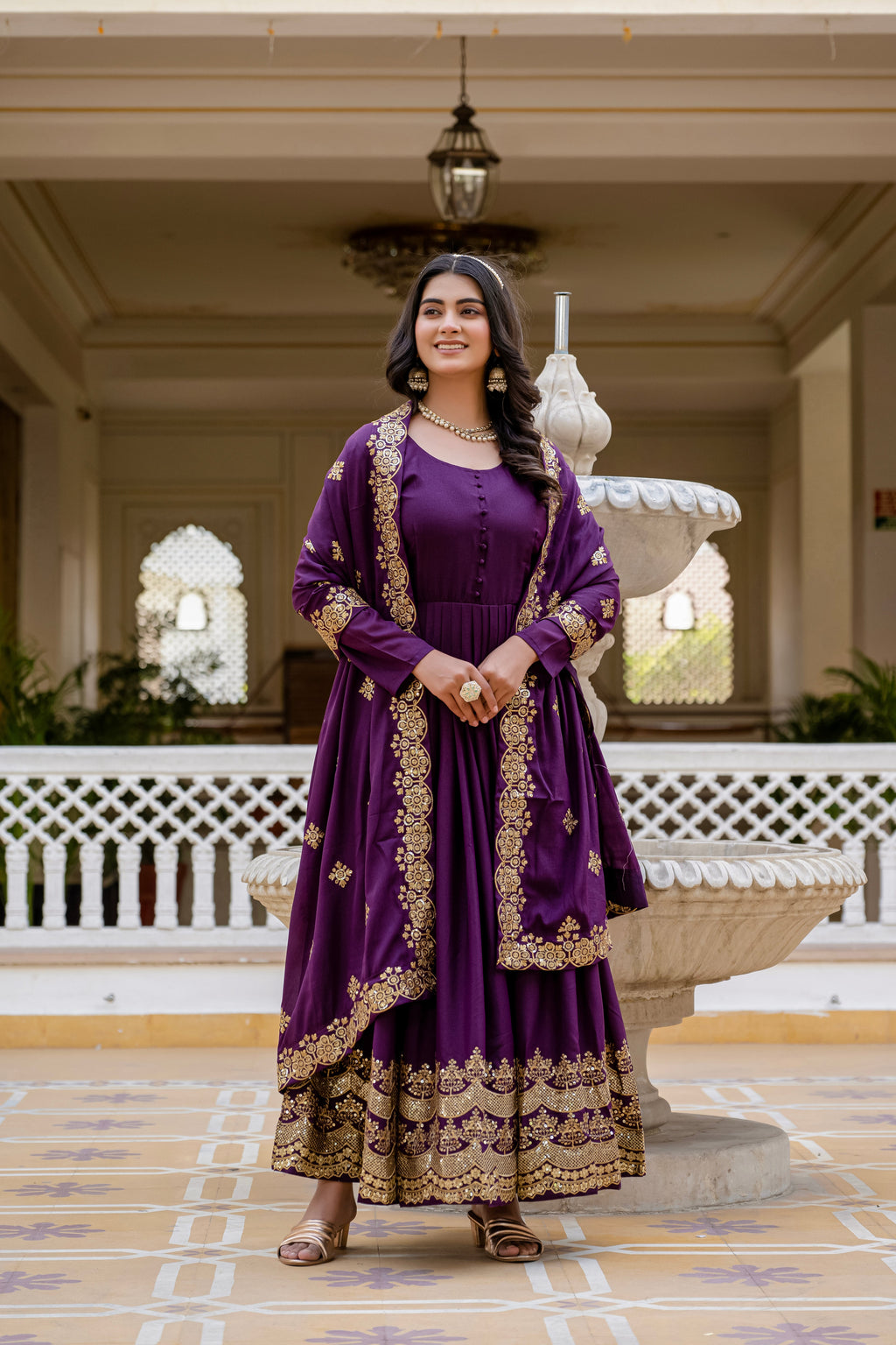 Wine star georgette sequins embroidered gown with dupatta