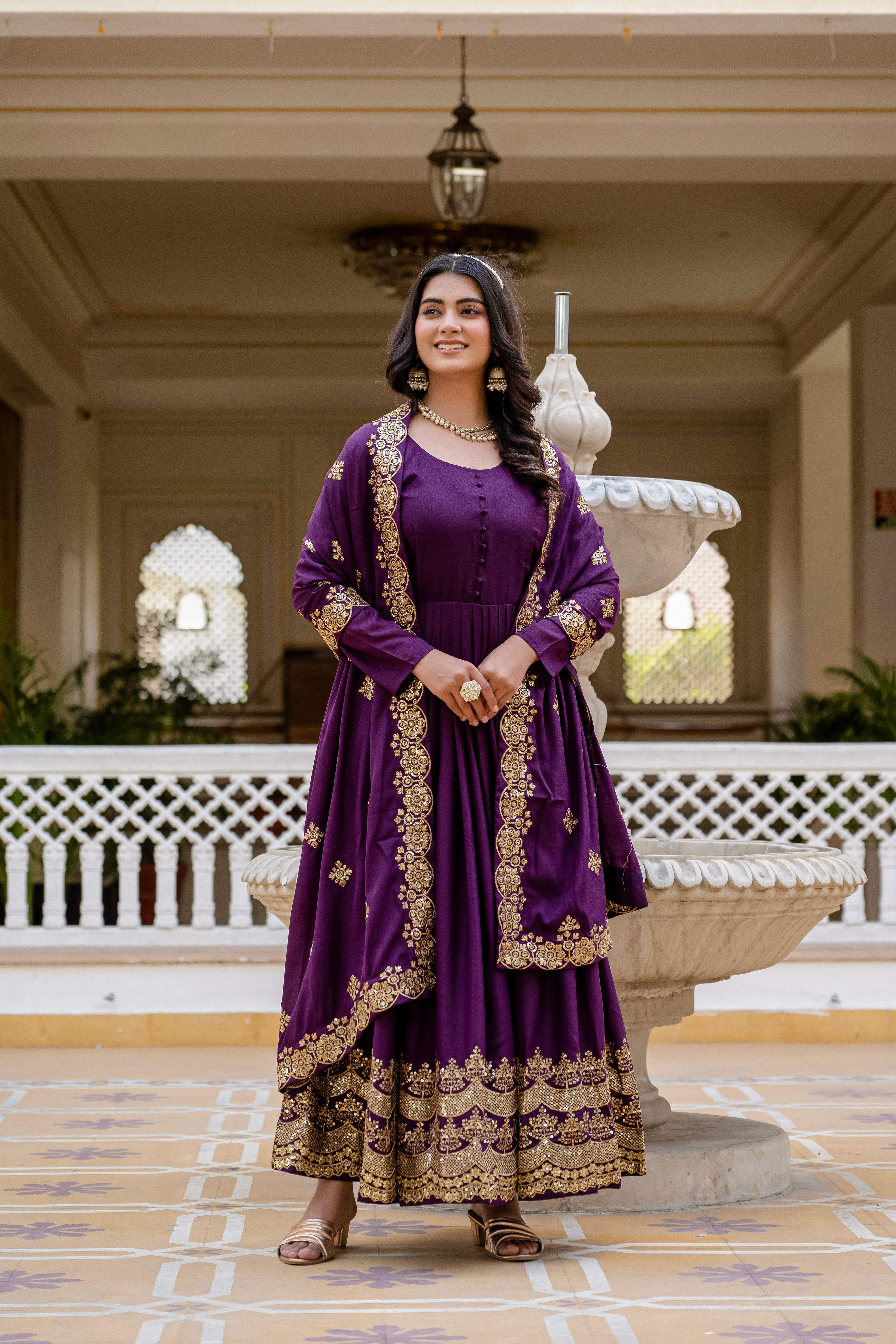 Wine star georgette sequins embroidered gown with dupatta