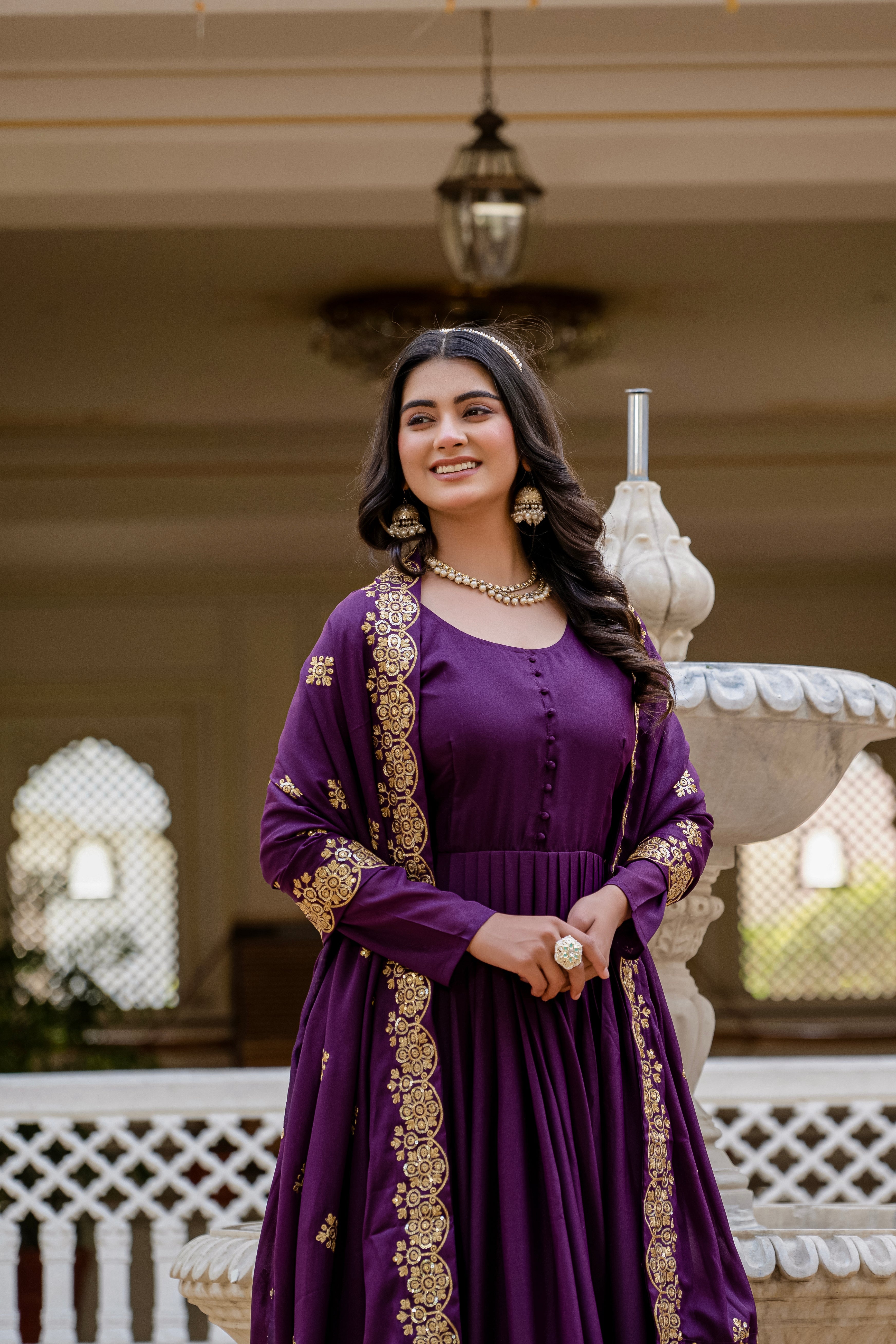 Wine star georgette sequins embroidered gown with dupatta