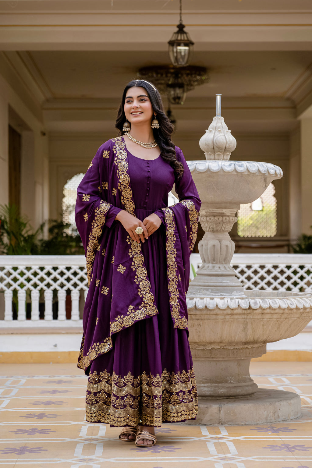 Wine star georgette sequins embroidered gown with dupatta