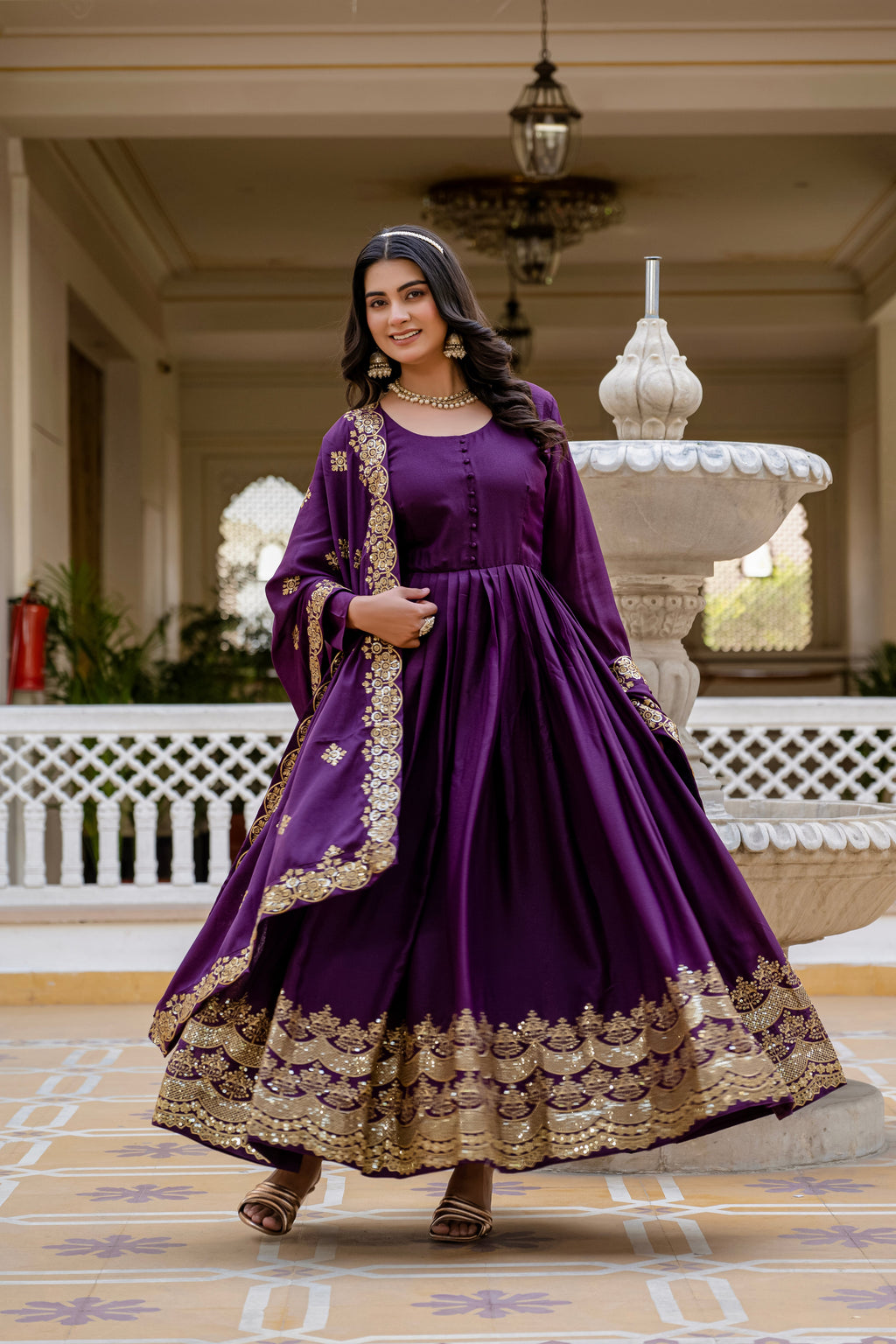 Wine star georgette sequins embroidered gown with dupatta