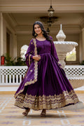 Wine star georgette sequins embroidered gown with dupatta