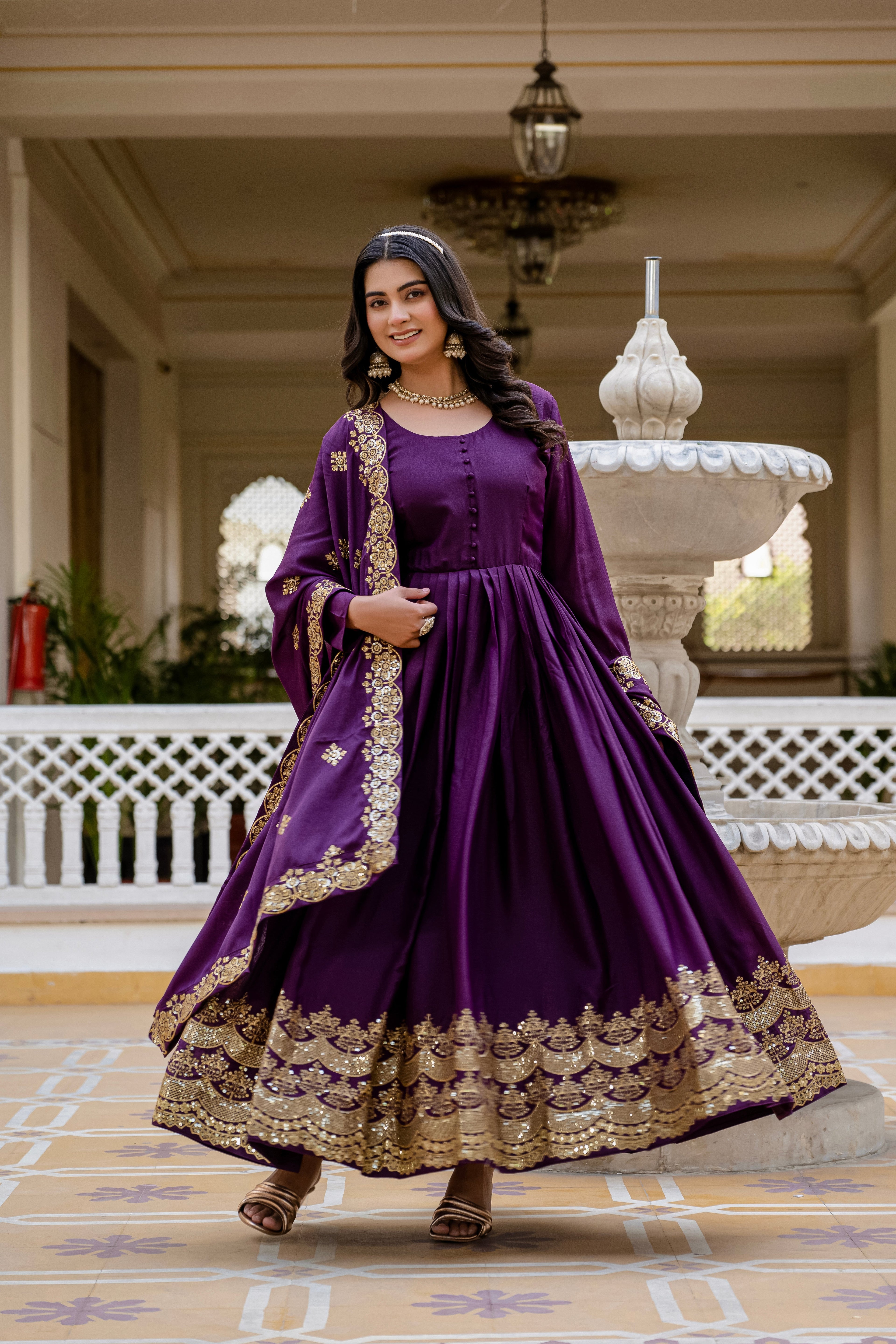 Wine star georgette sequins embroidered gown with dupatta