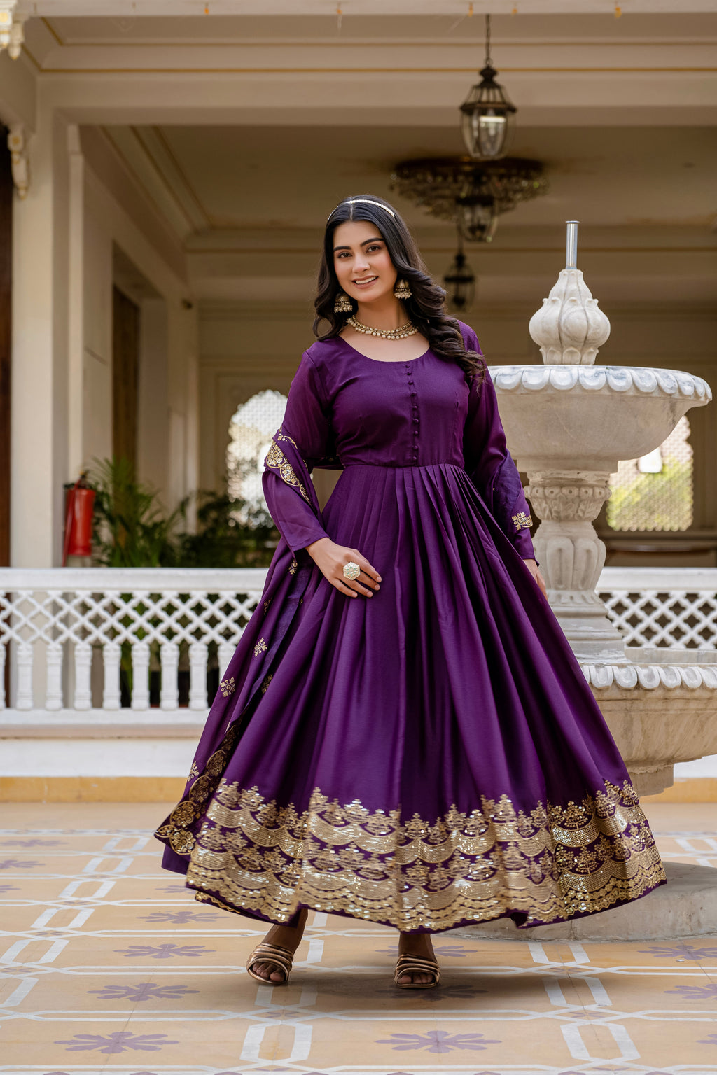 Wine star georgette sequins embroidered gown with dupatta