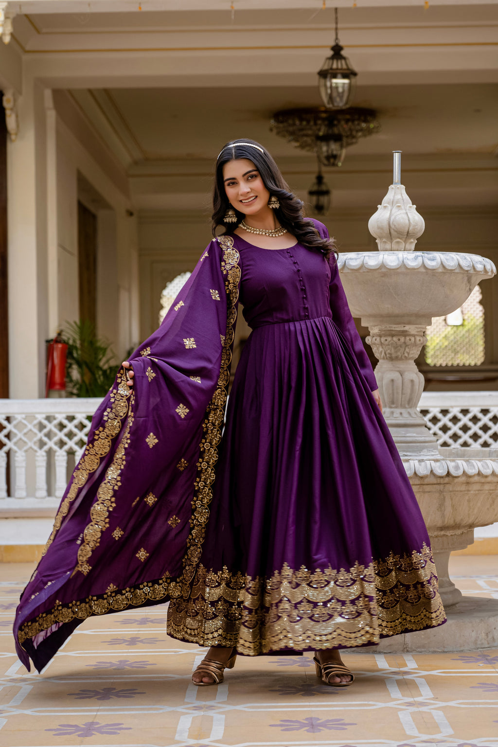 Wine star georgette sequins embroidered gown with dupatta