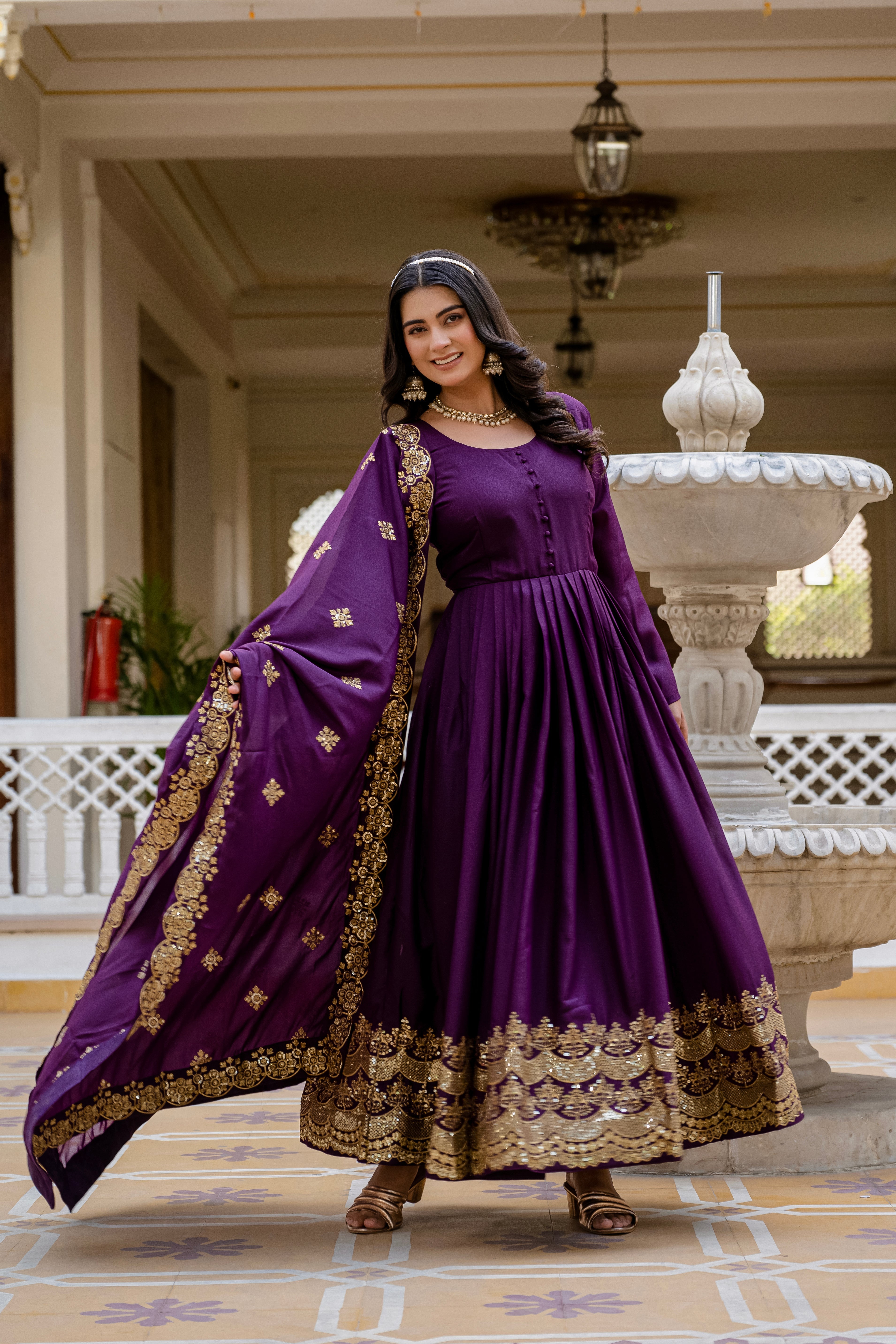 Wine star georgette sequins embroidered gown with dupatta