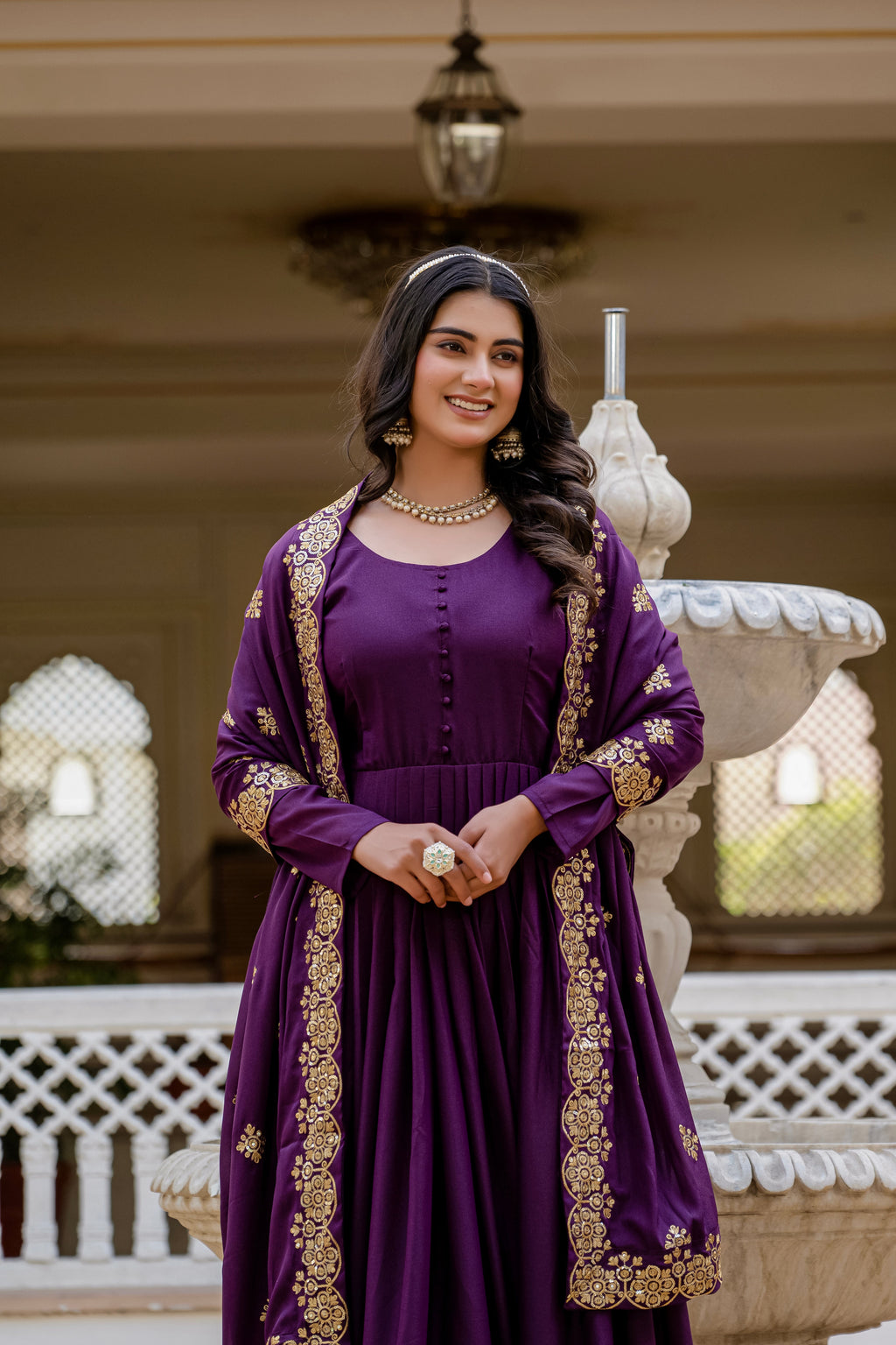 Wine star georgette sequins embroidered gown with dupatta