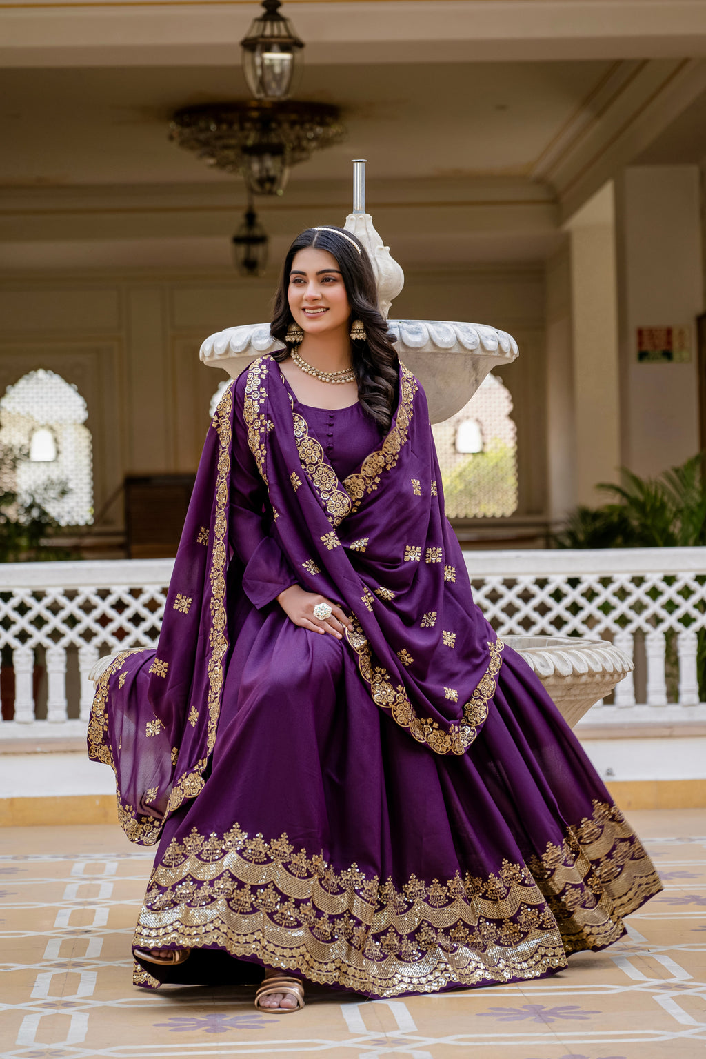 Wine star georgette sequins embroidered gown with dupatta