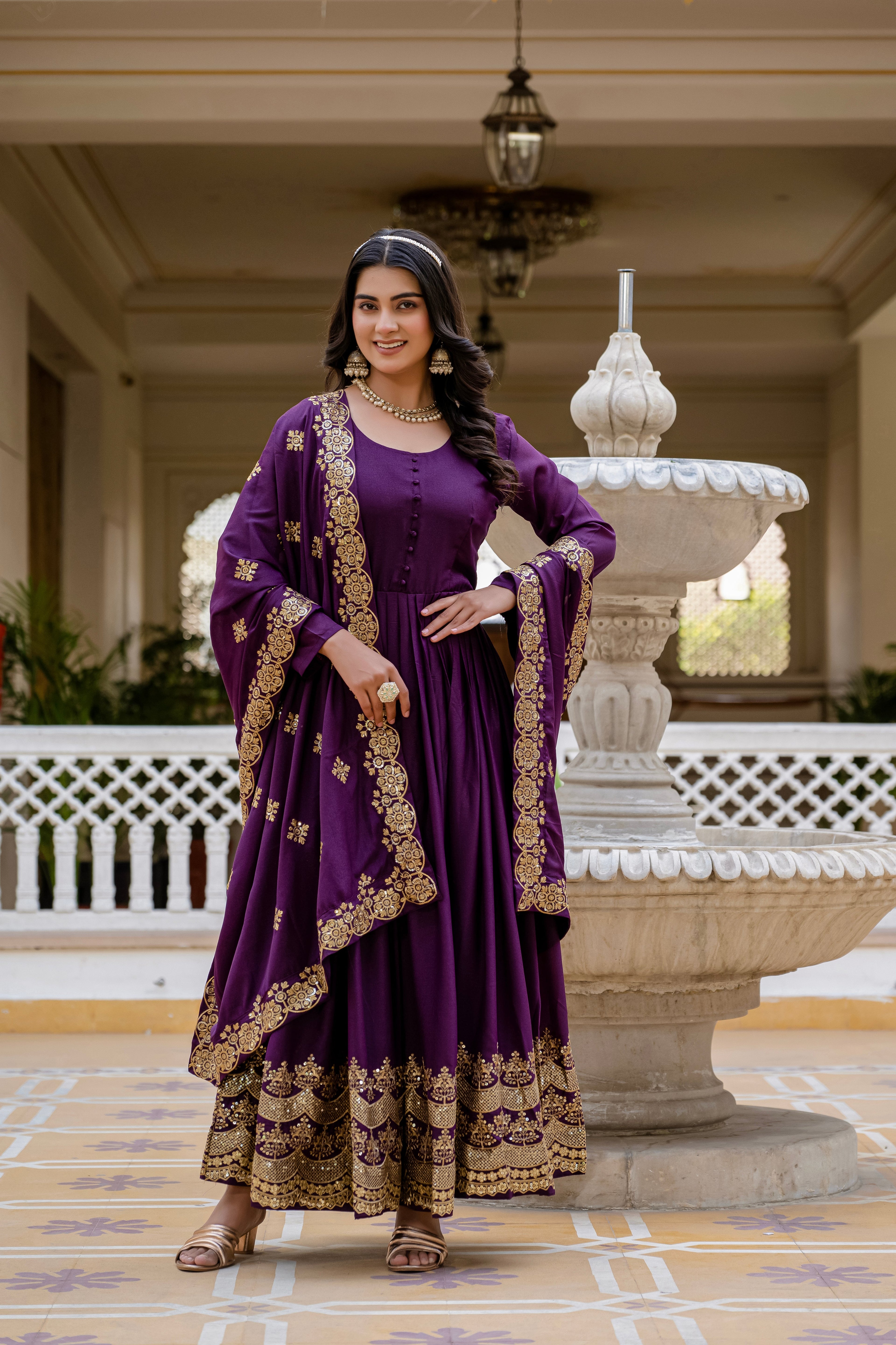 Wine star georgette sequins embroidered gown with dupatta