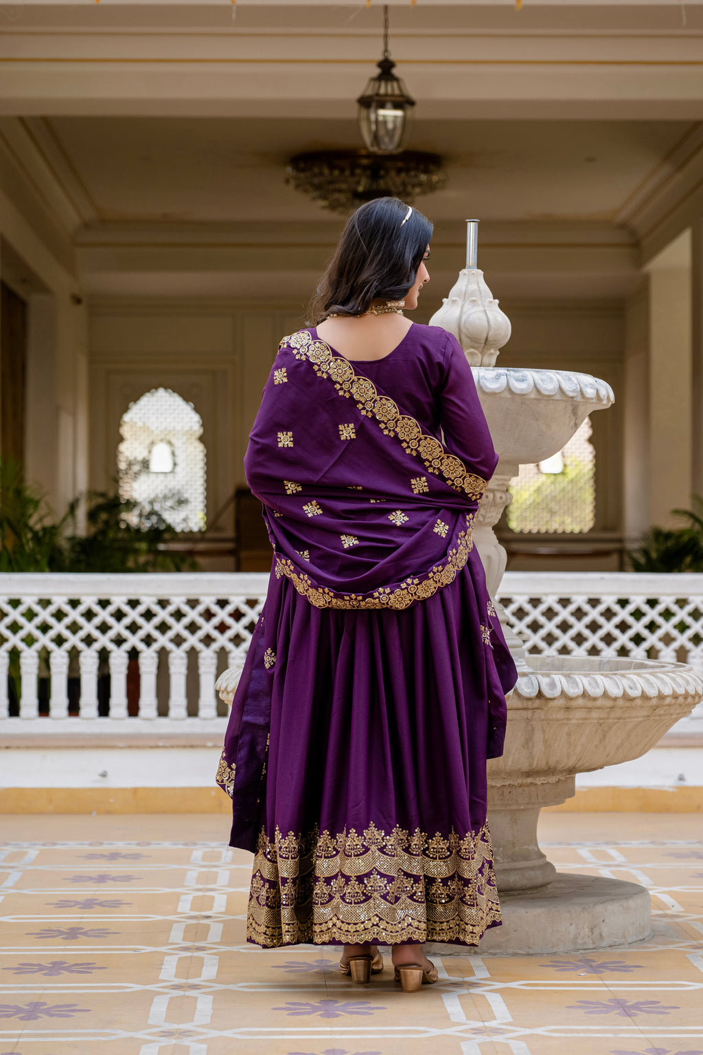 Wine star georgette sequins embroidered gown with dupatta