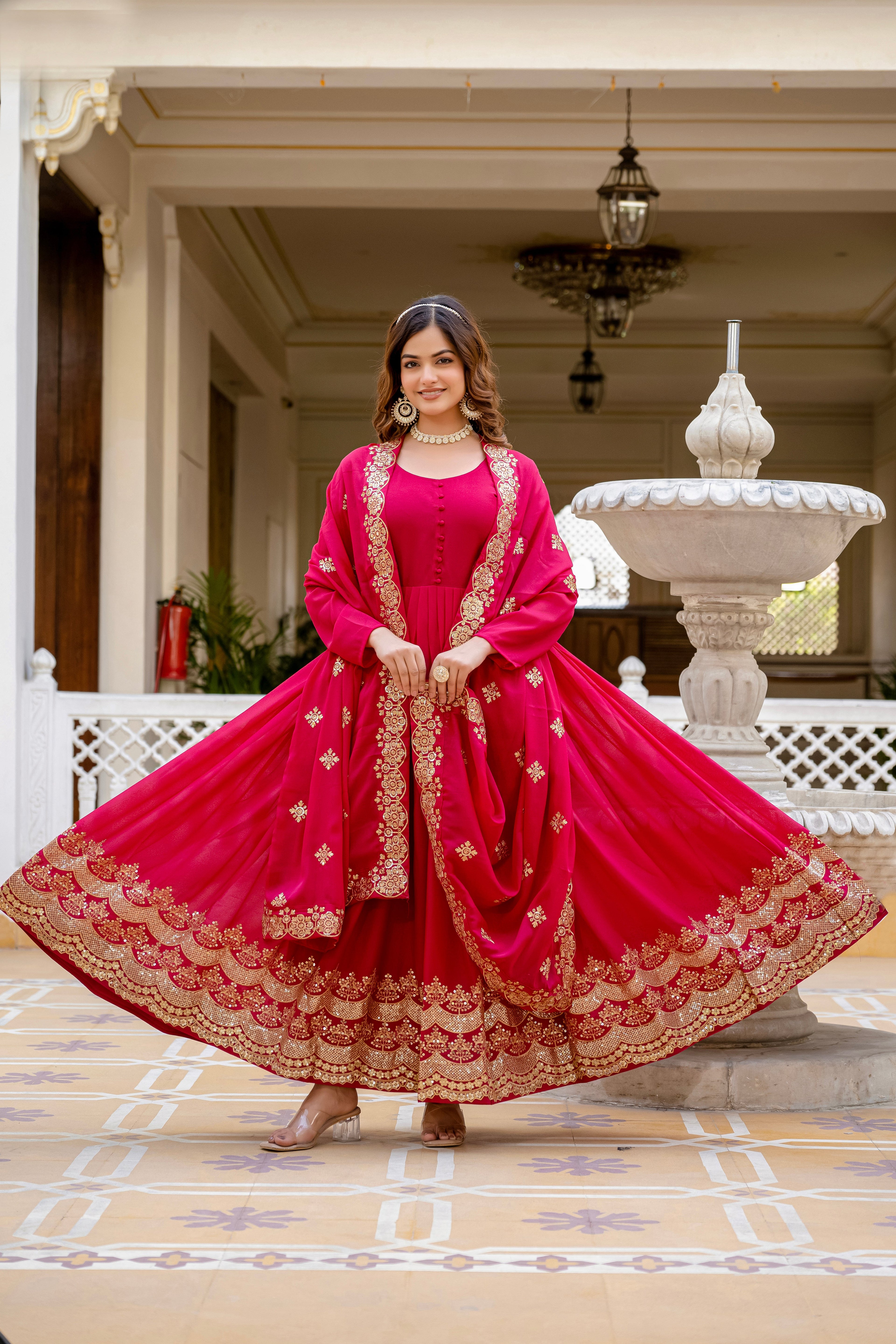 Pink star georgette sequins embroidered gown with dupatta