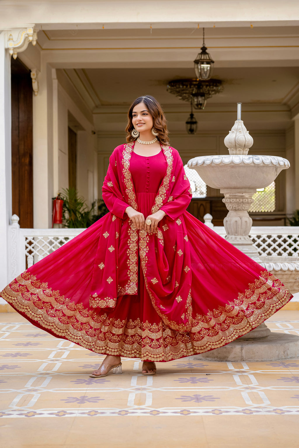 Pink star georgette sequins embroidered gown with dupatta