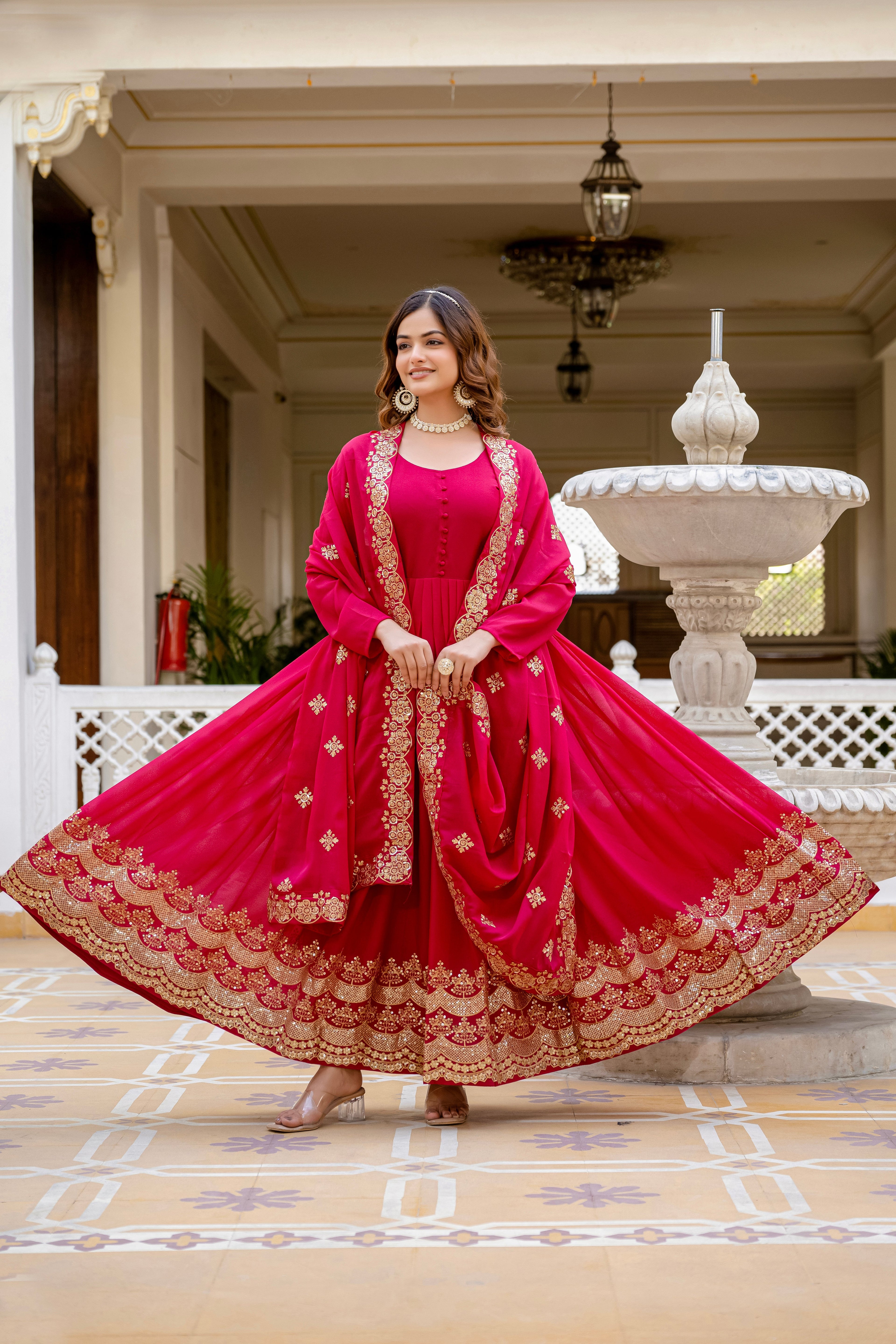 Pink star georgette sequins embroidered gown with dupatta