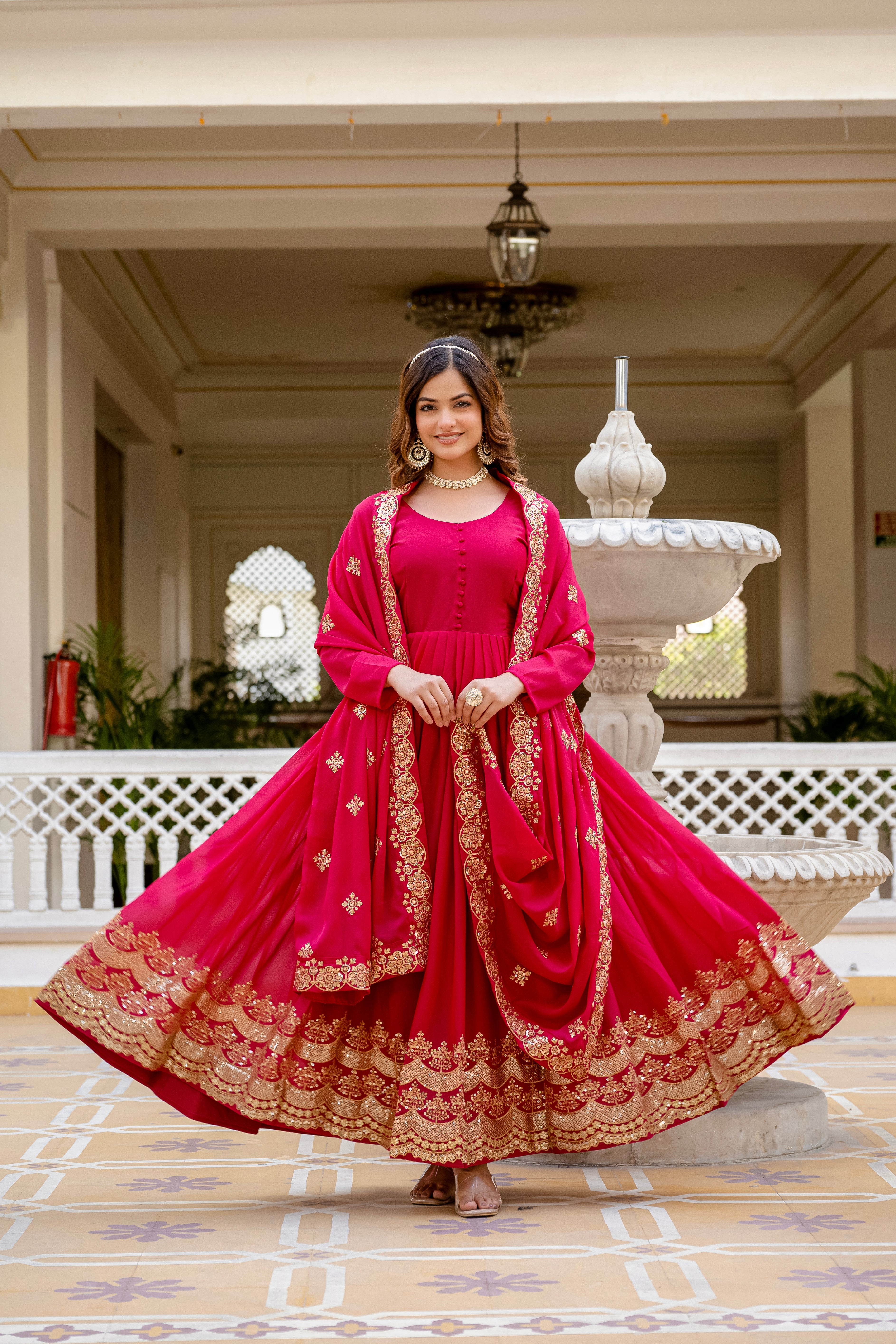 Pink star georgette sequins embroidered gown with dupatta