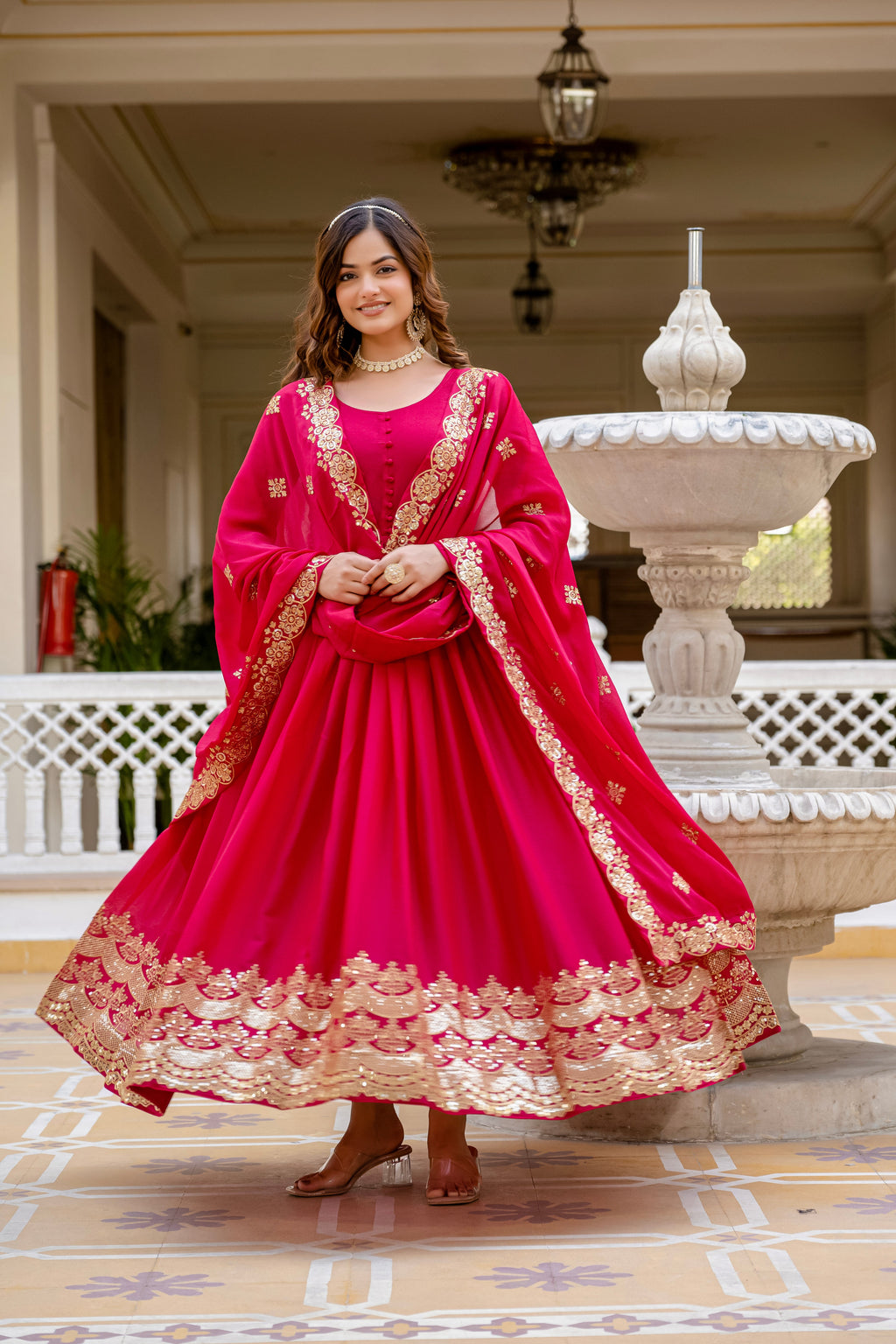 Pink star georgette sequins embroidered gown with dupatta