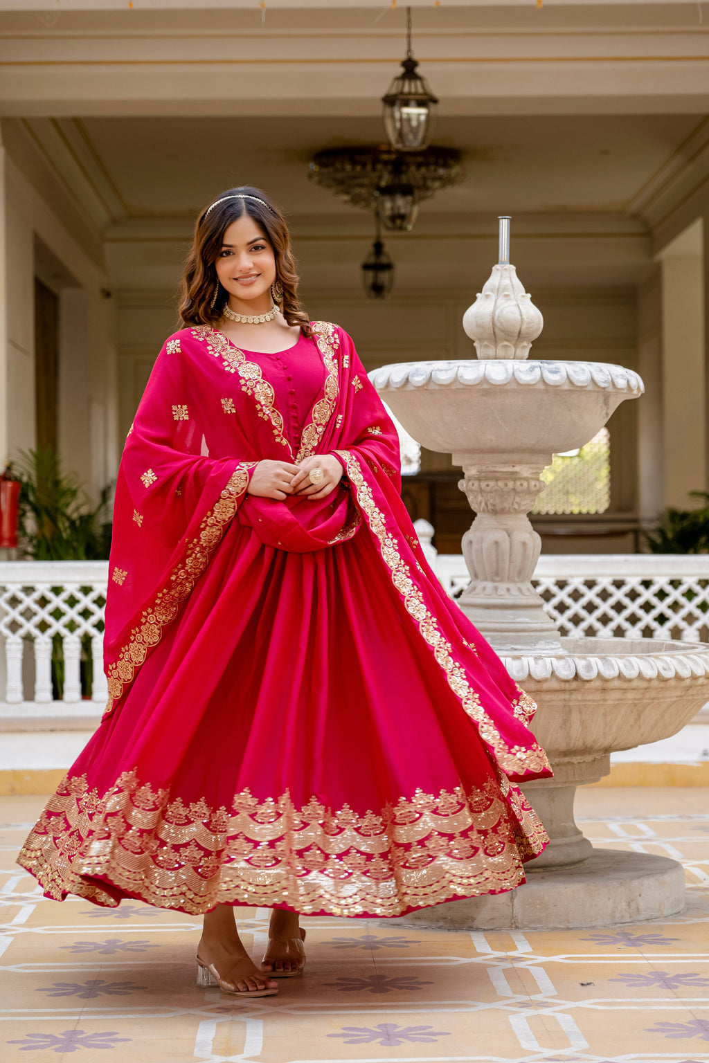 Pink star georgette sequins embroidered gown with dupatta