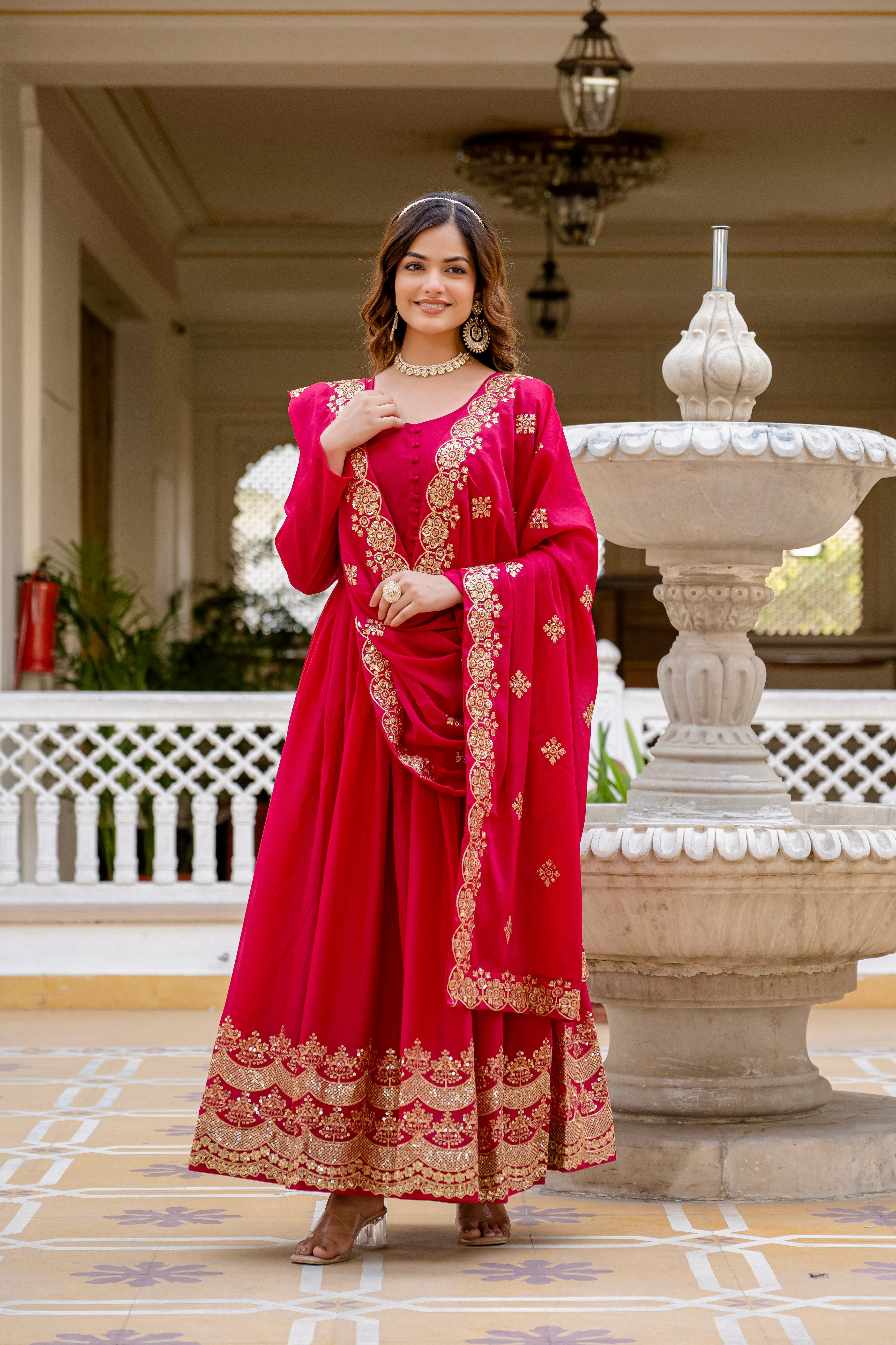 Pink star georgette sequins embroidered gown with dupatta