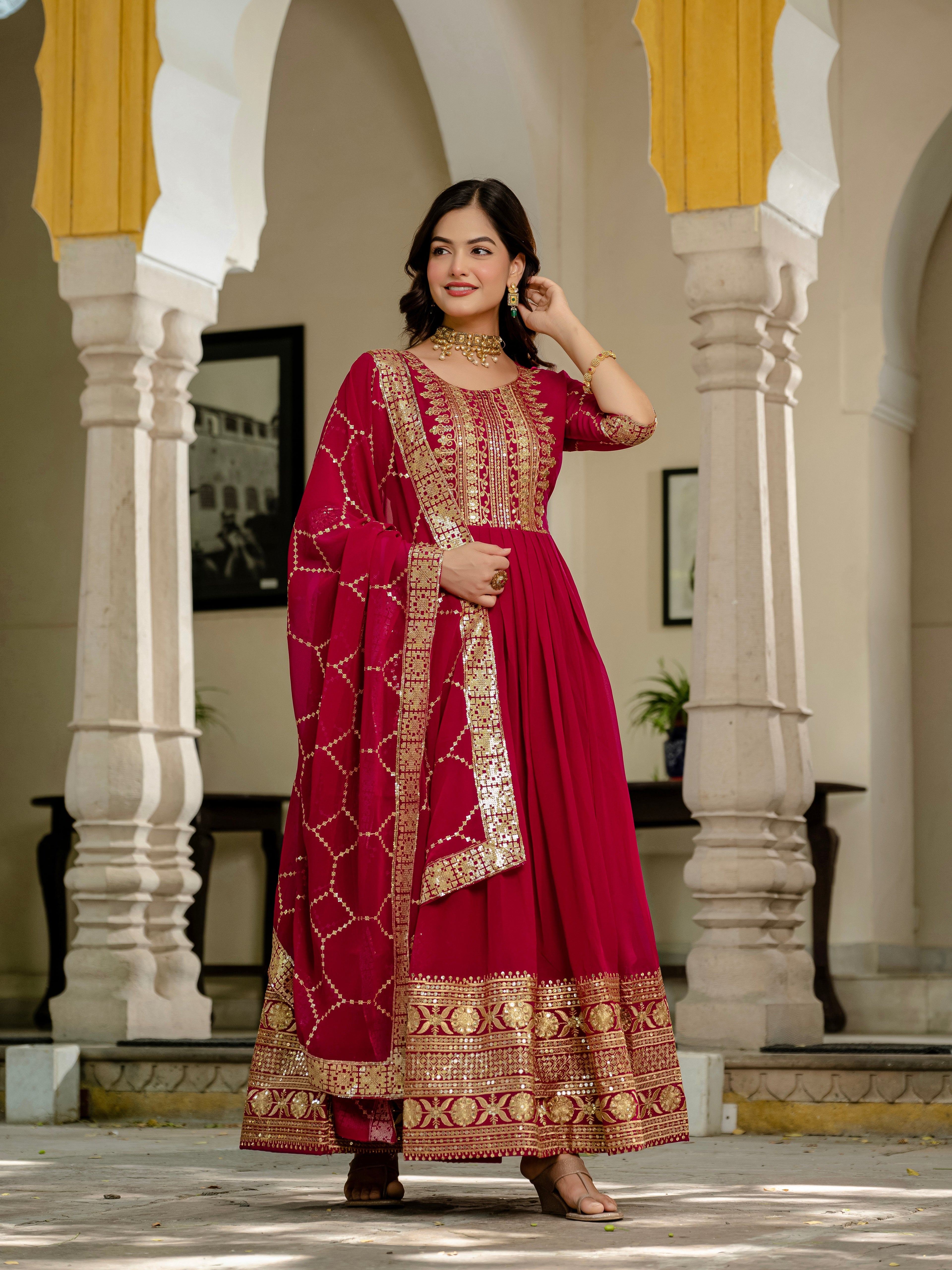 Pink faux blooming sequins embroidered gown with dupatta