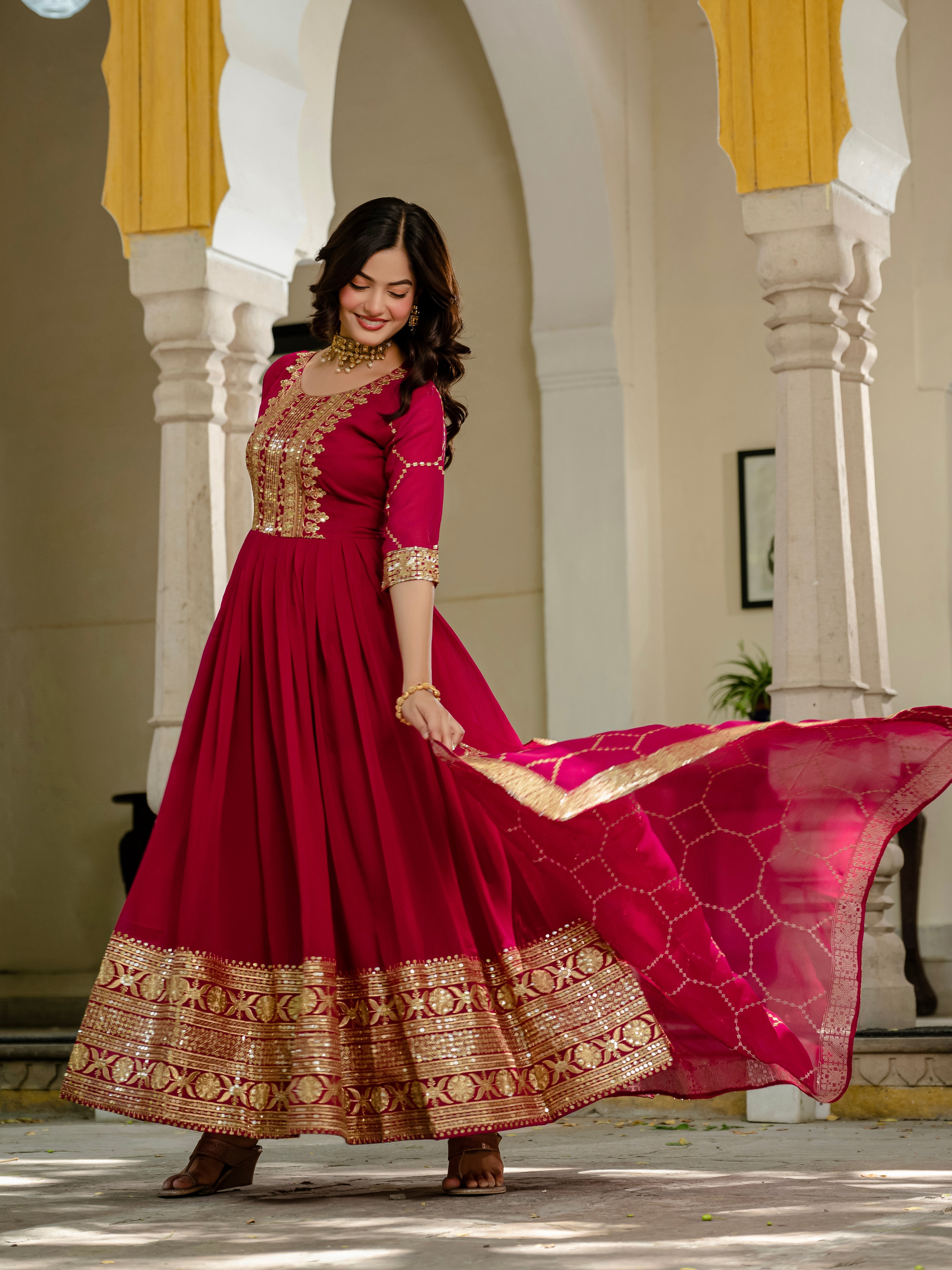 Pink faux blooming sequins embroidered gown with dupatta