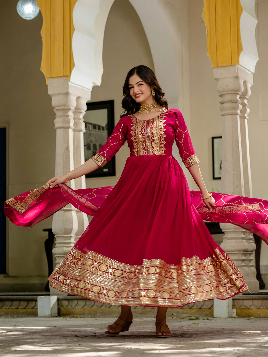 Pink faux blooming sequins embroidered gown with dupatta