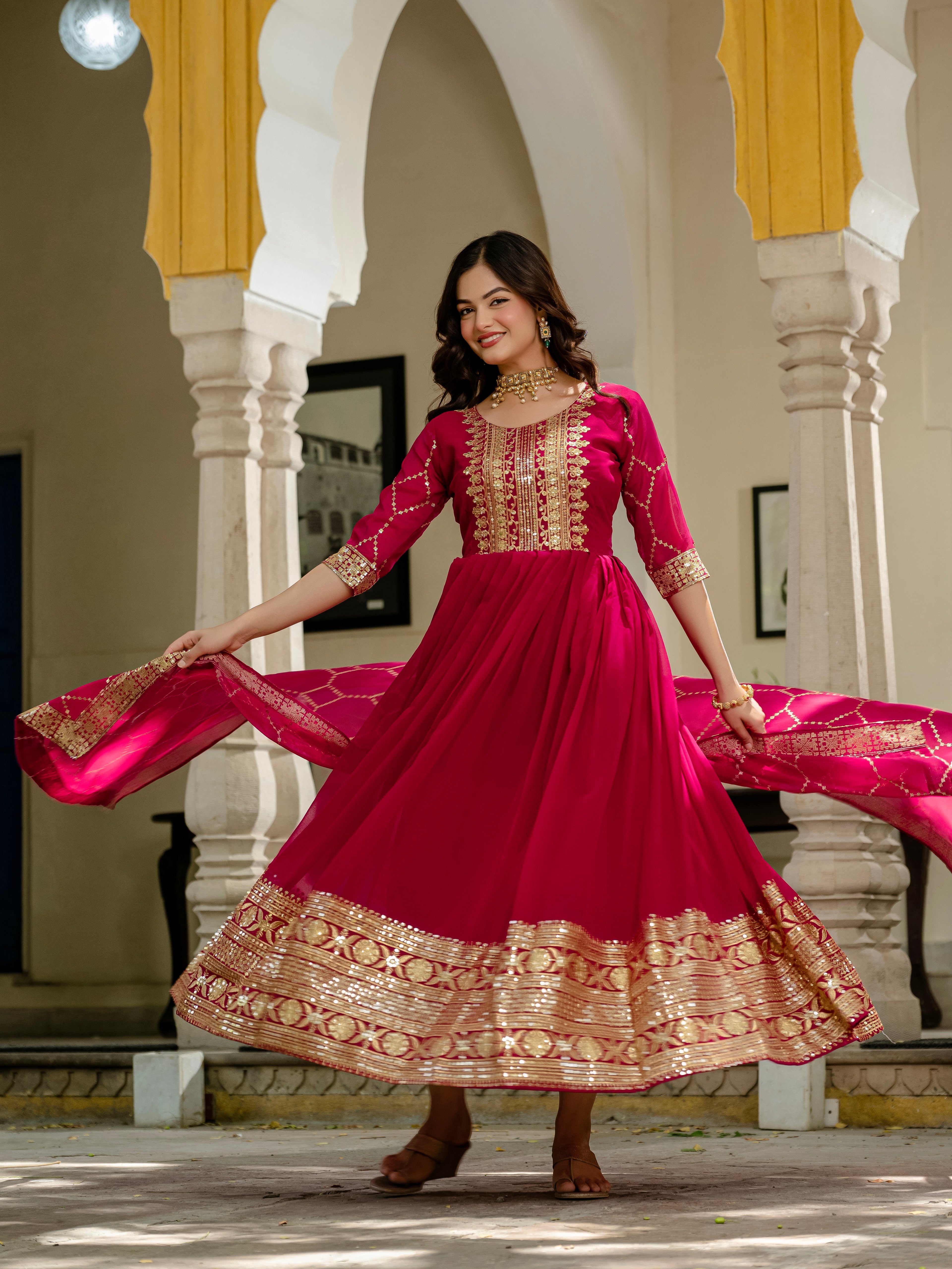 Pink faux blooming sequins embroidered gown with dupatta
