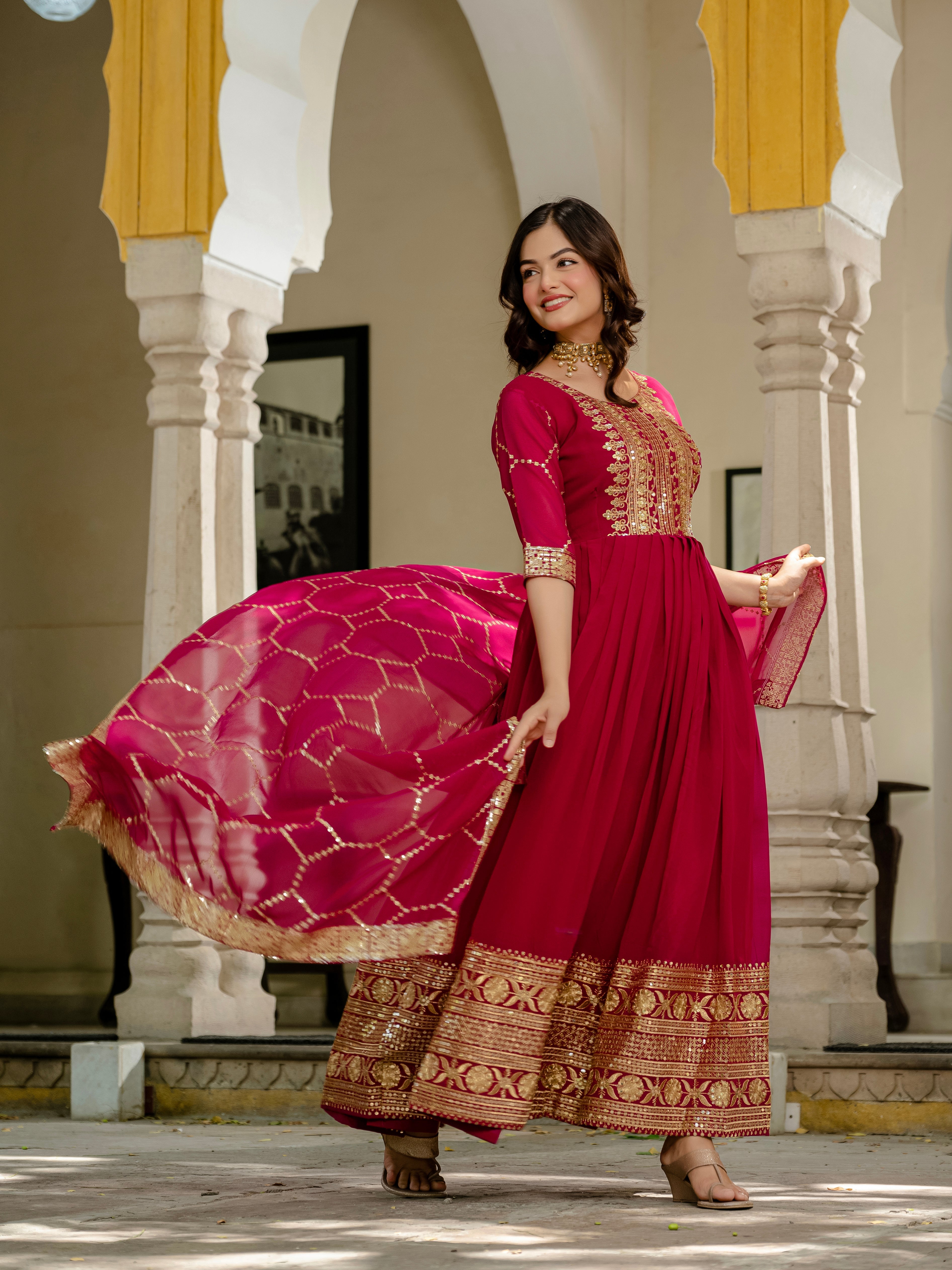 Pink faux blooming sequins embroidered gown with dupatta