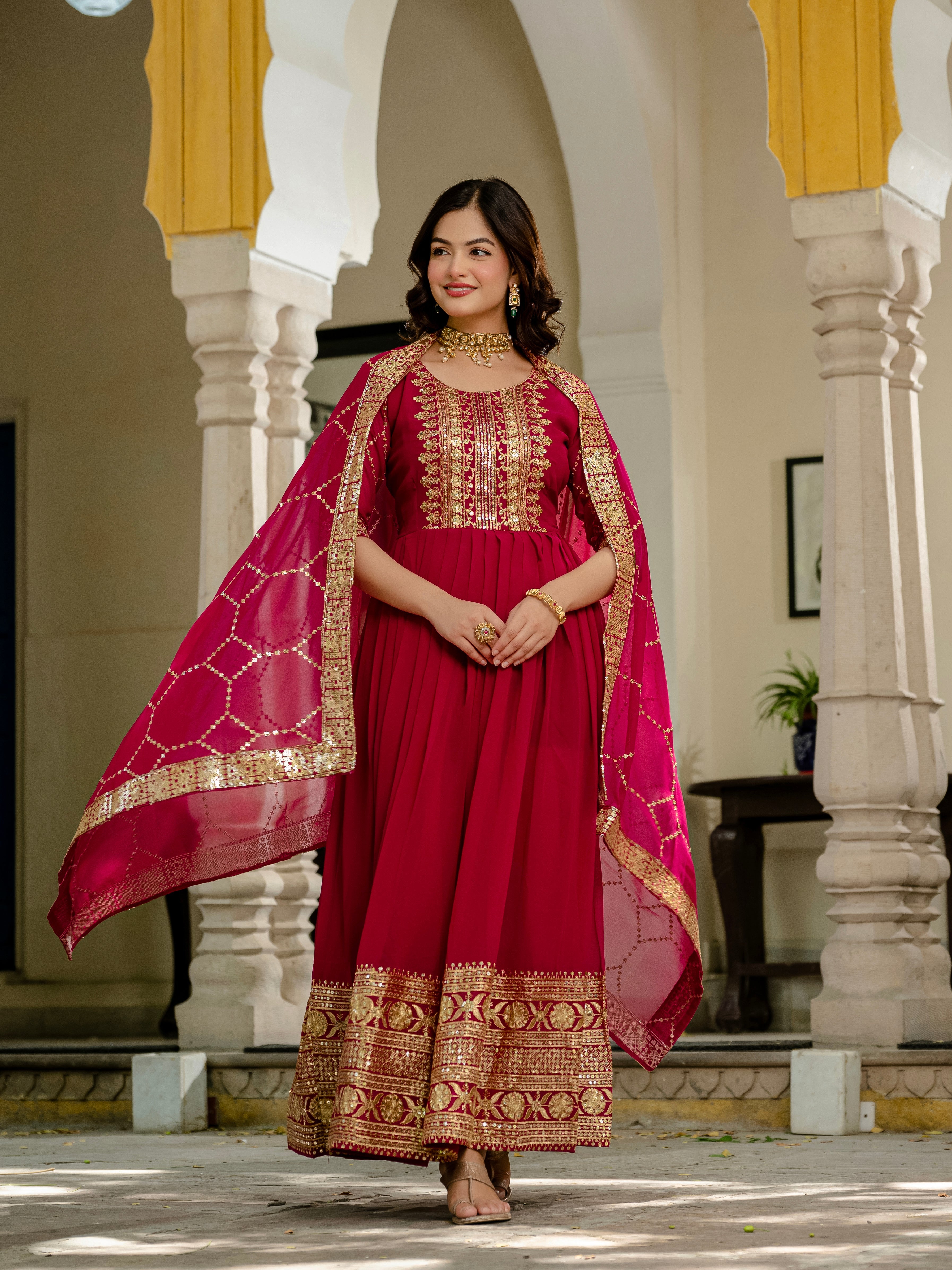 Pink faux blooming sequins embroidered gown with dupatta