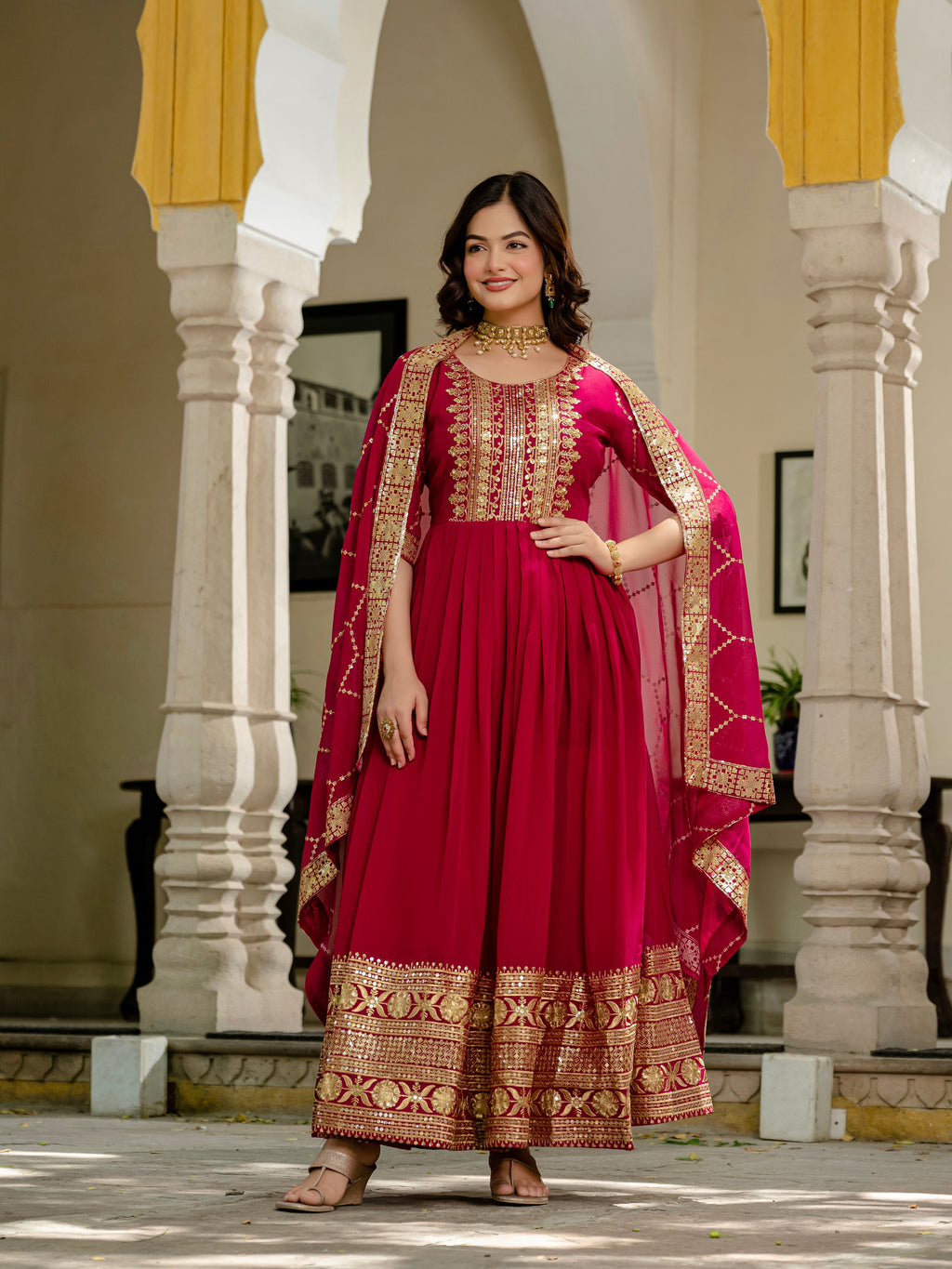 Pink faux blooming sequins embroidered gown with dupatta