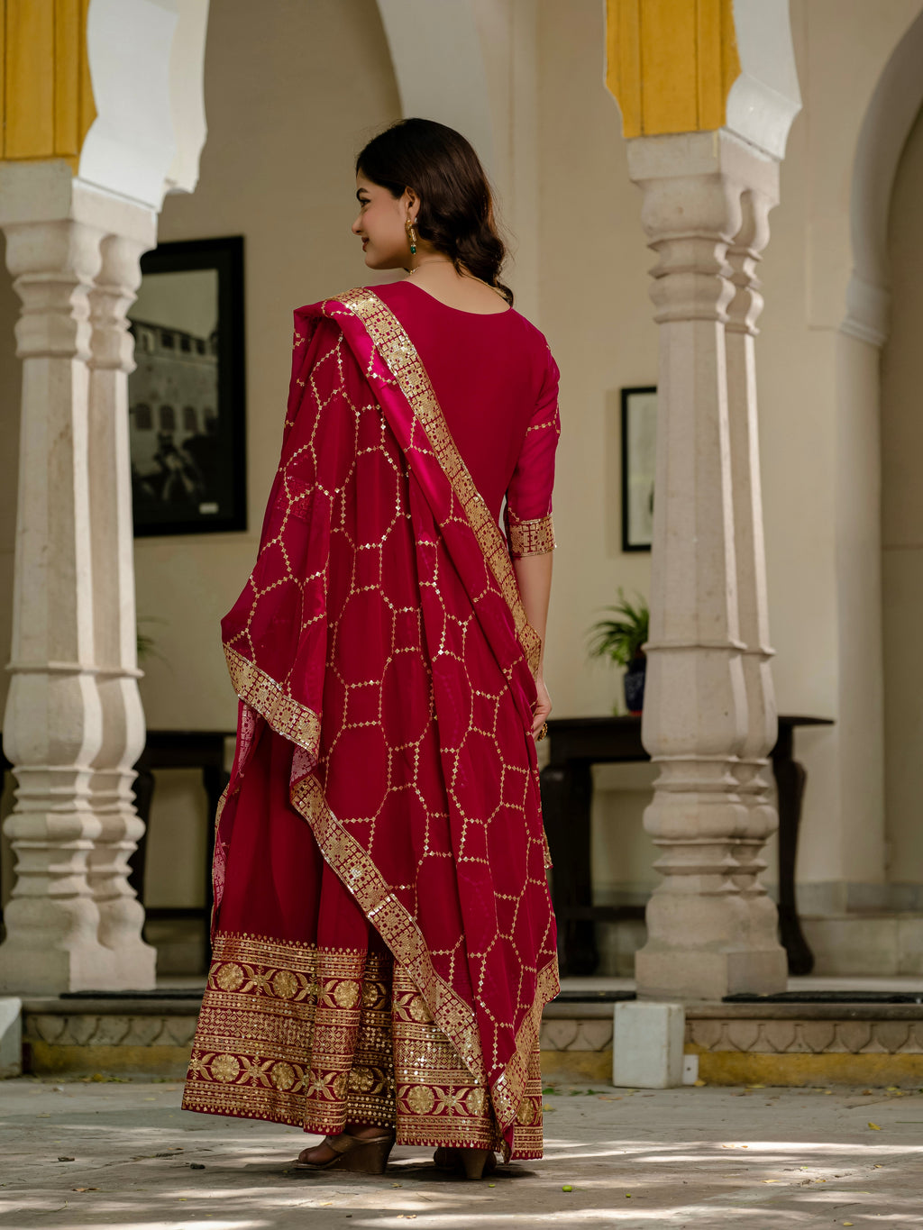 Pink faux blooming sequins embroidered gown with dupatta