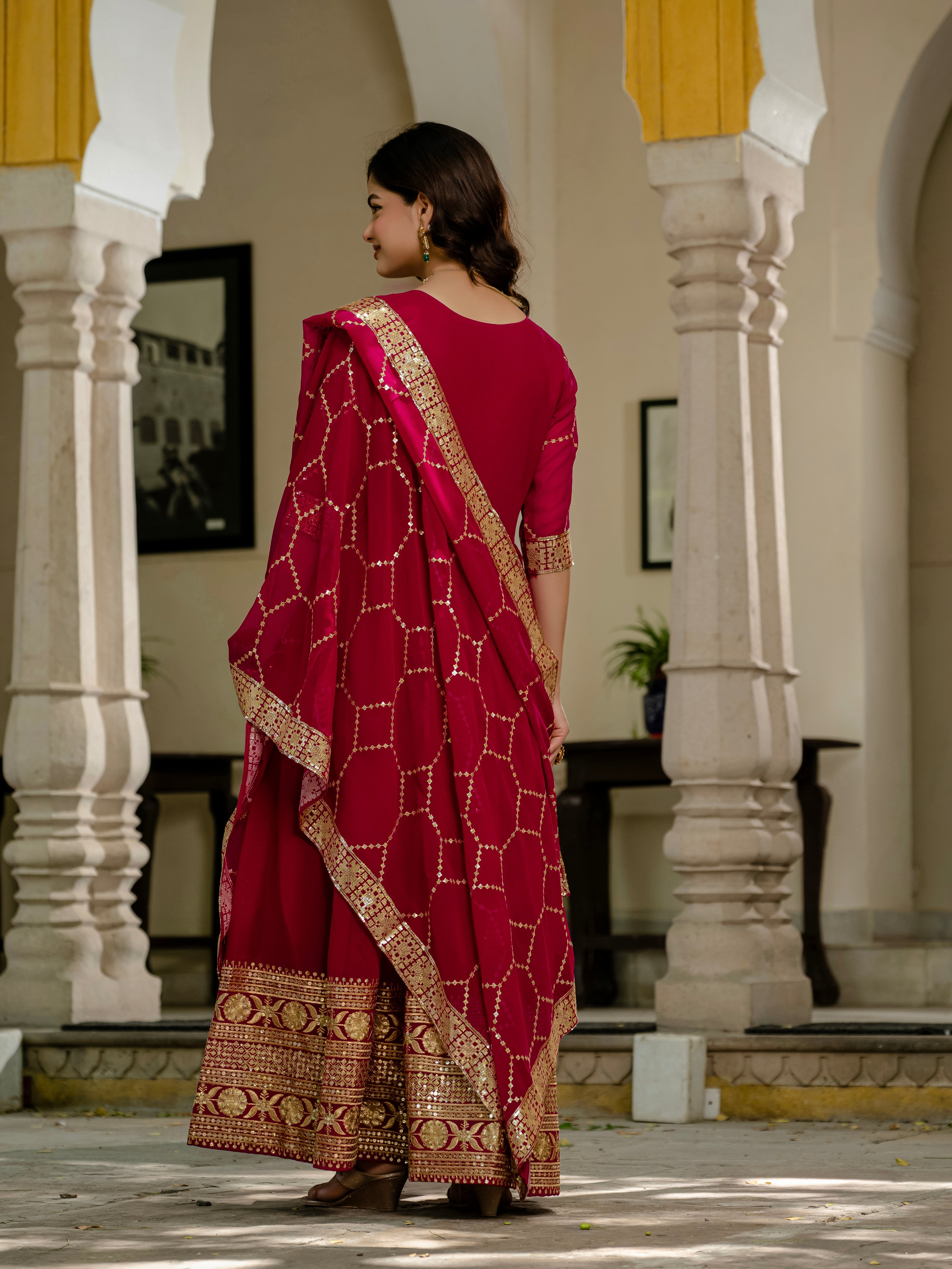 Pink faux blooming sequins embroidered gown with dupatta