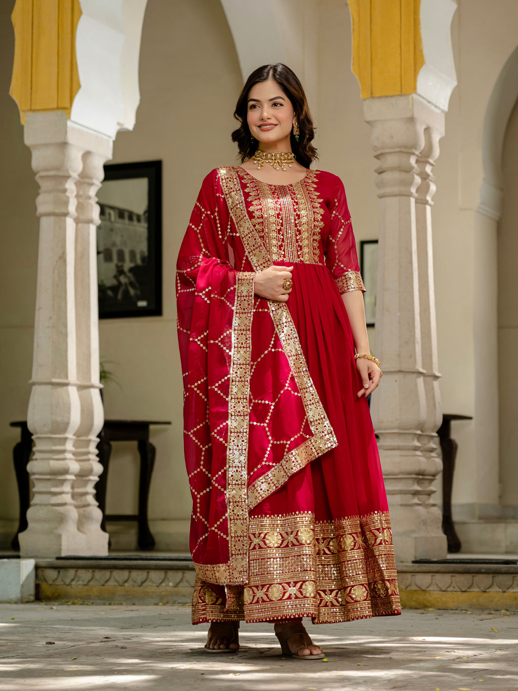 Pink faux blooming sequins embroidered gown with dupatta