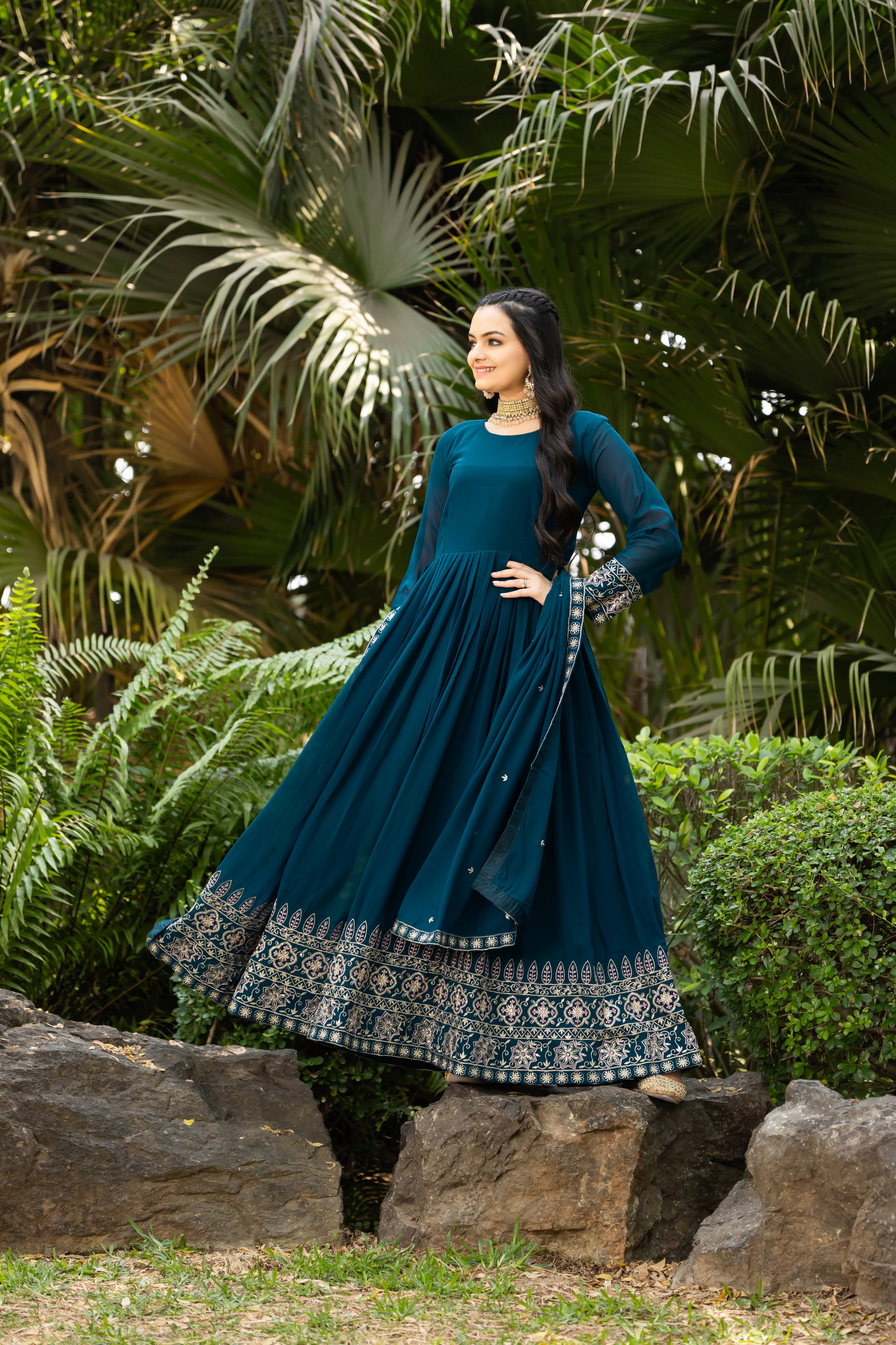 Teal blue faux blooming sequins embroidered gown with dupatta