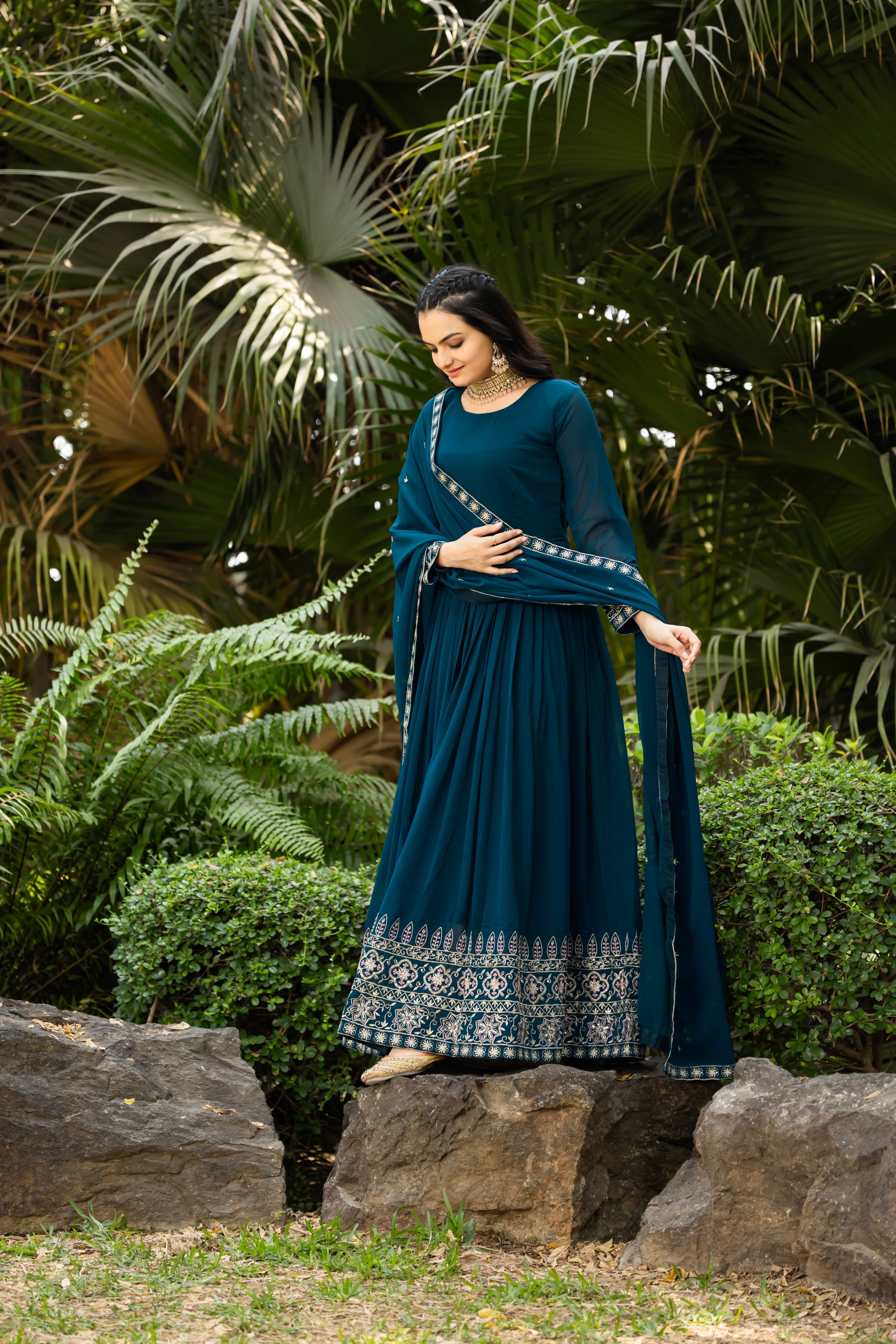 Teal blue faux blooming sequins embroidered gown with dupatta