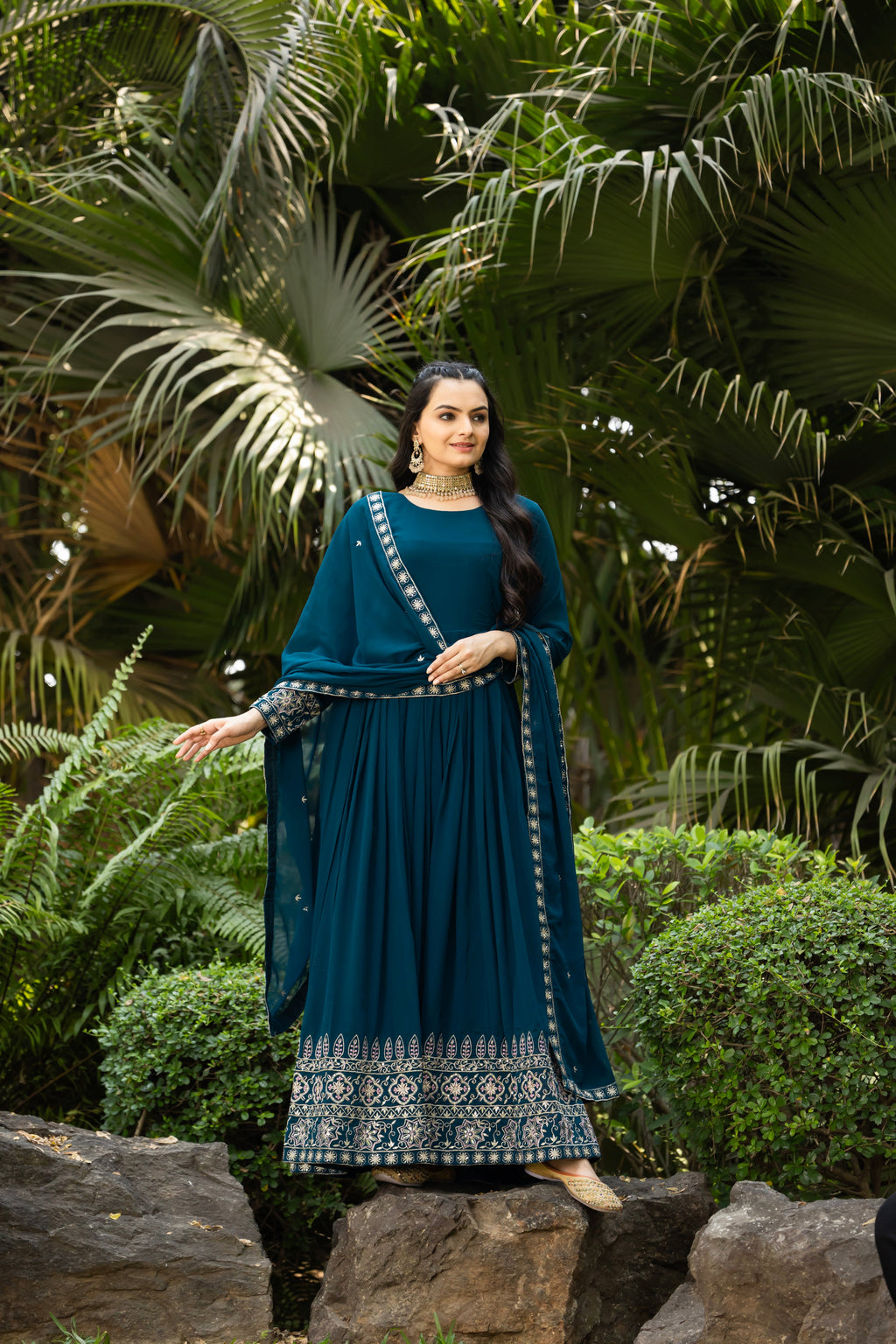 Teal blue faux blooming sequins embroidered gown with dupatta