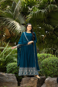 Teal blue faux blooming sequins embroidered gown with dupatta