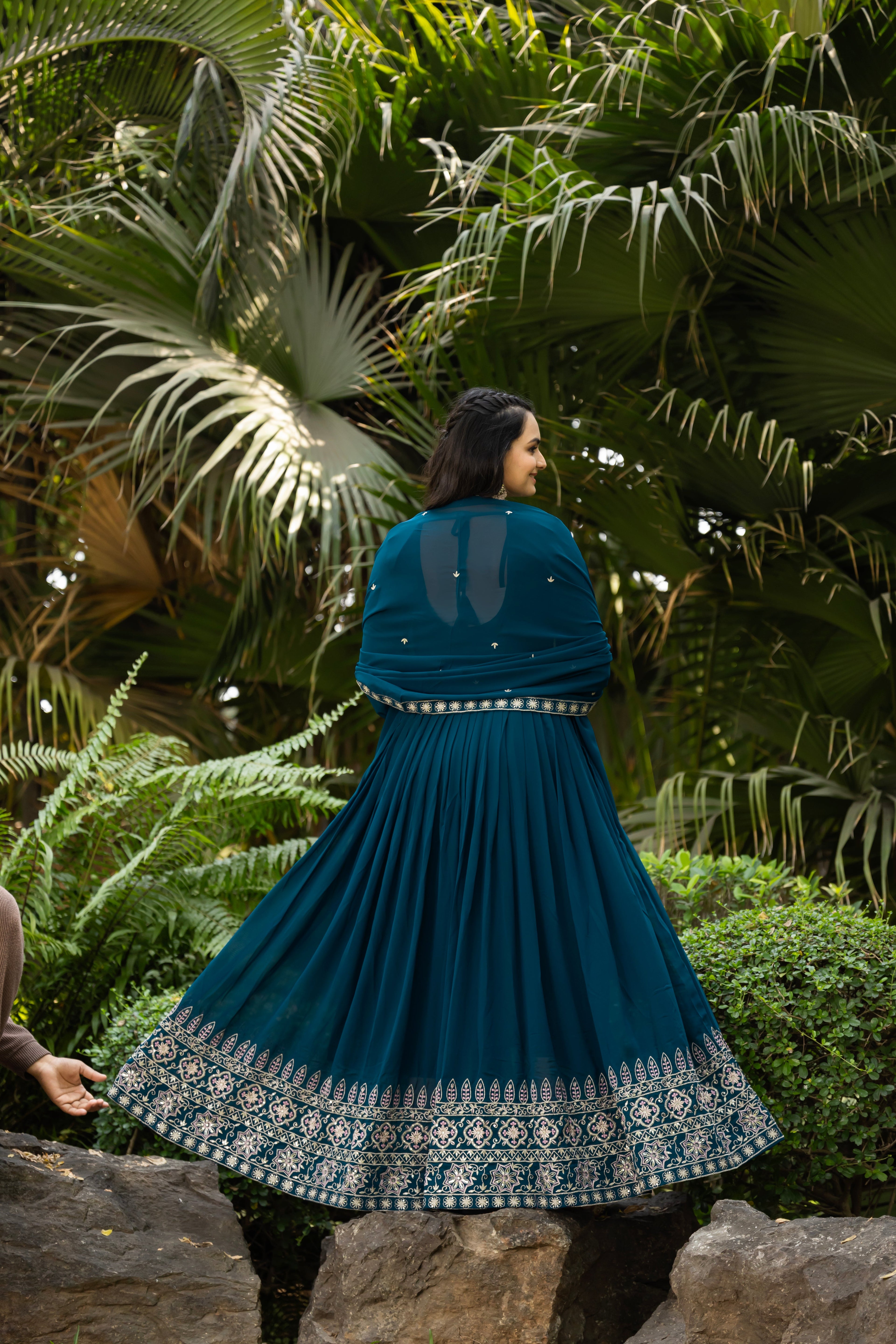 Teal blue faux blooming sequins embroidered gown with dupatta