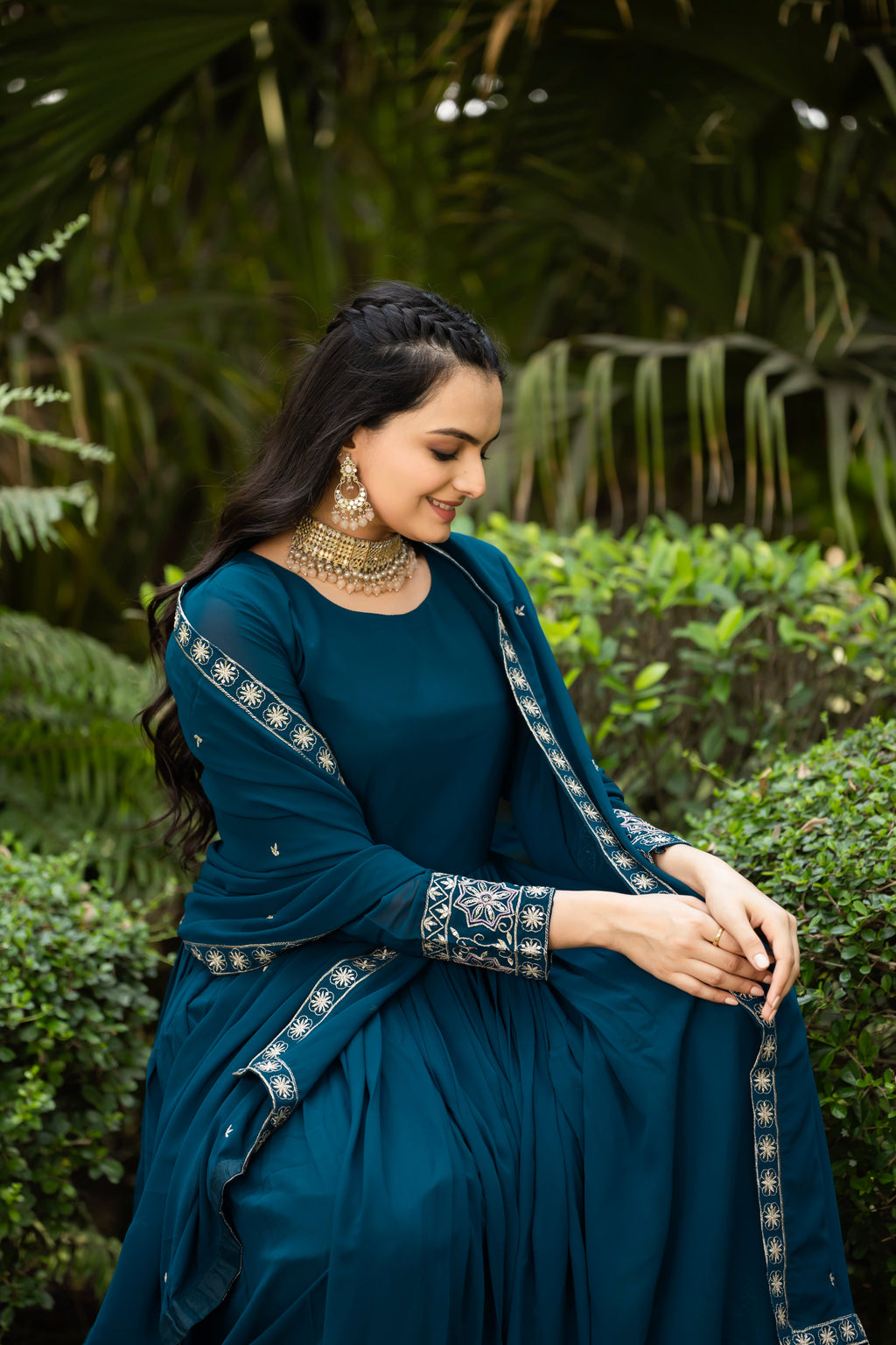 Teal blue faux blooming sequins embroidered gown with dupatta