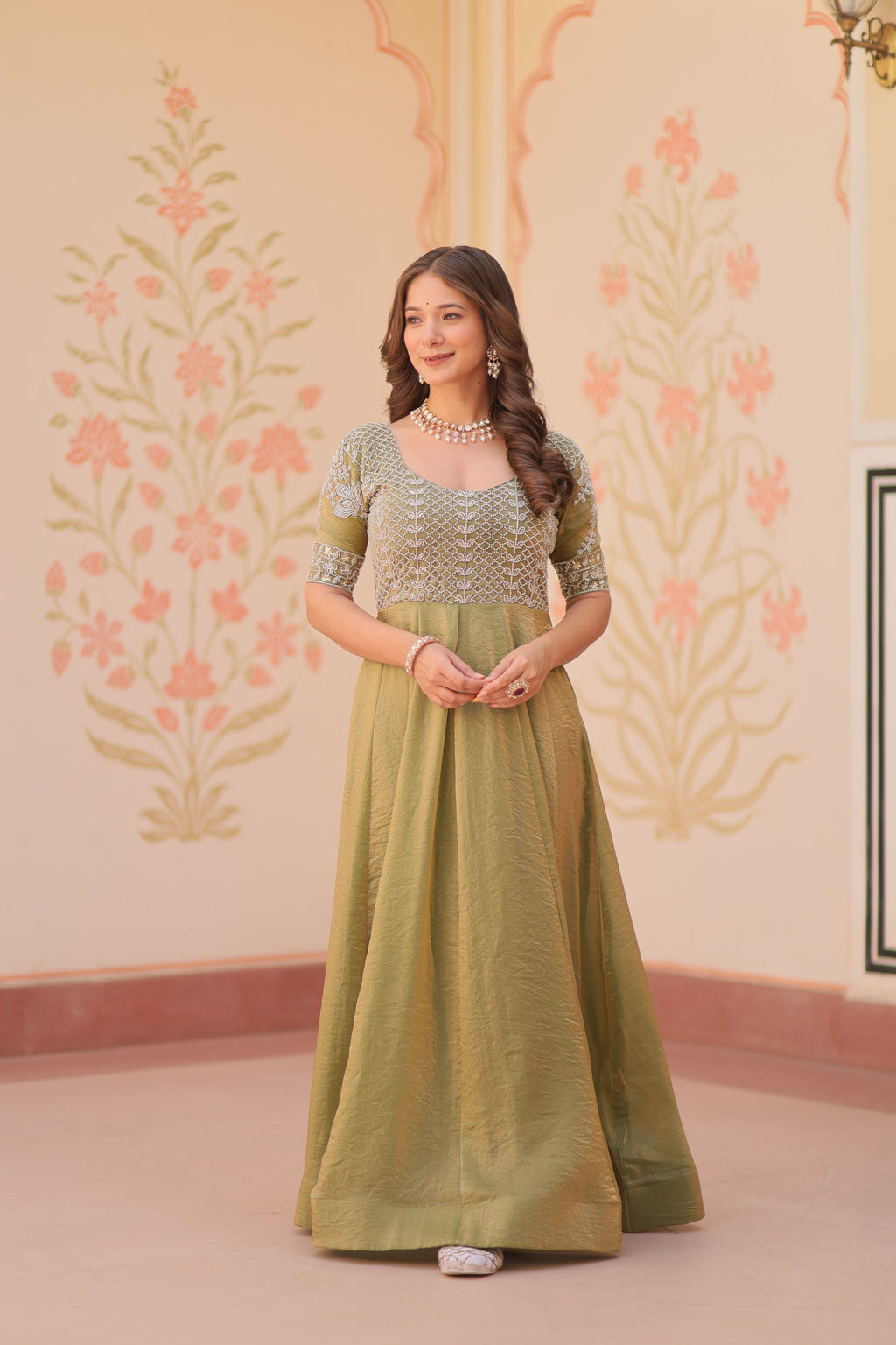 Vaibhavi Pista Green Silk Embroidered Gown
