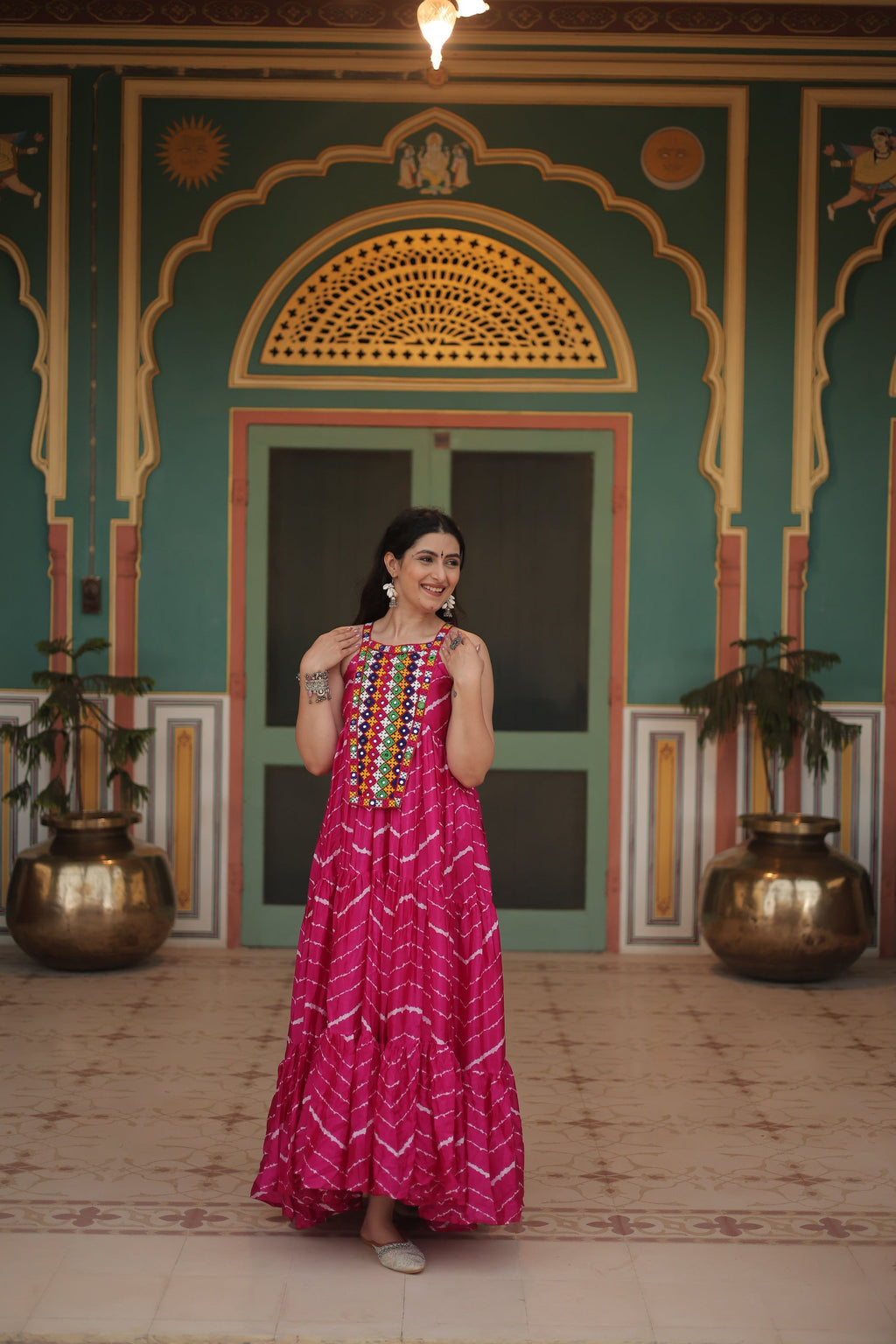 Pink leheriya print chinon Vandana designer sleeveless gown