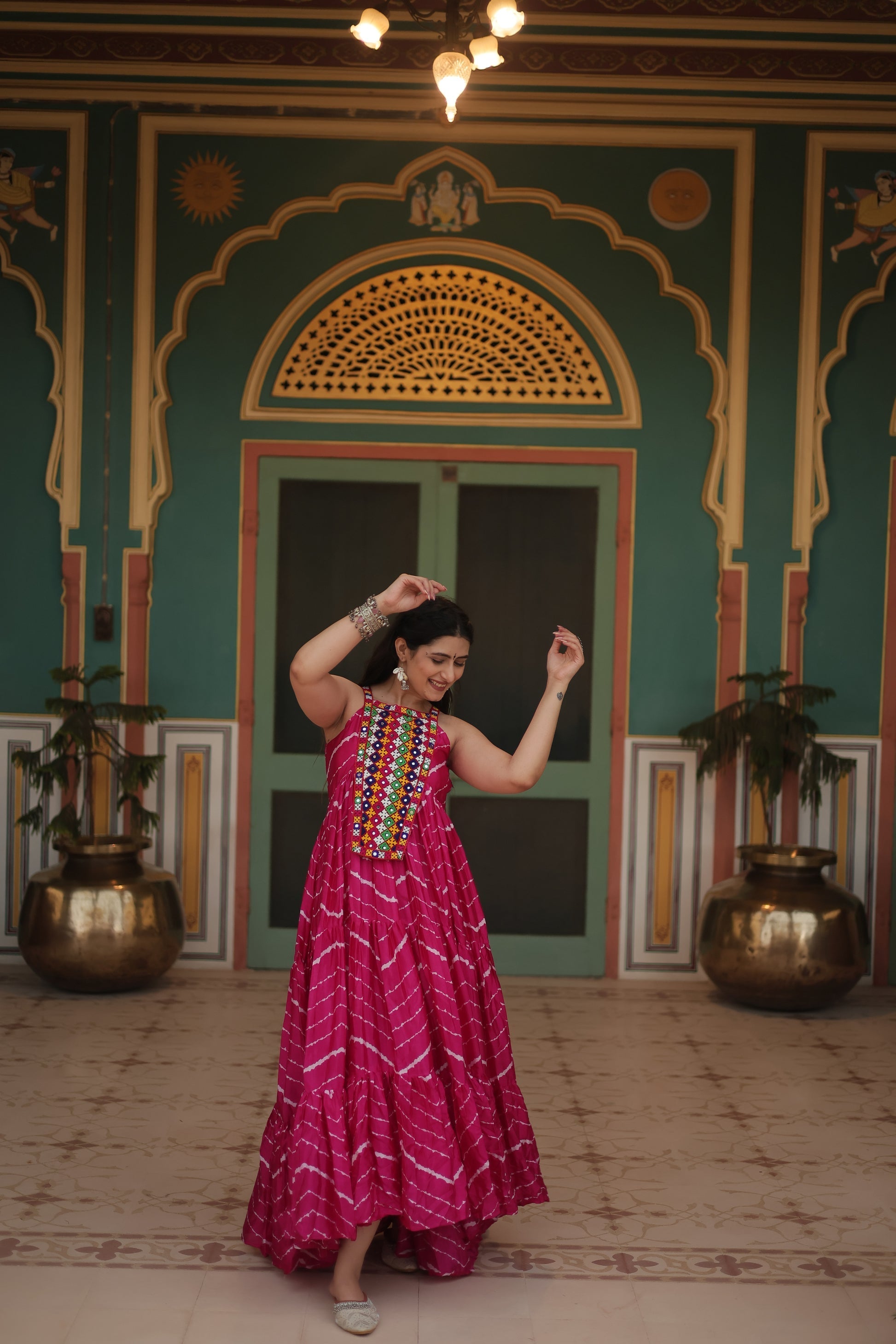 Pink leheriya print chinon Vandana designer sleeveless gown