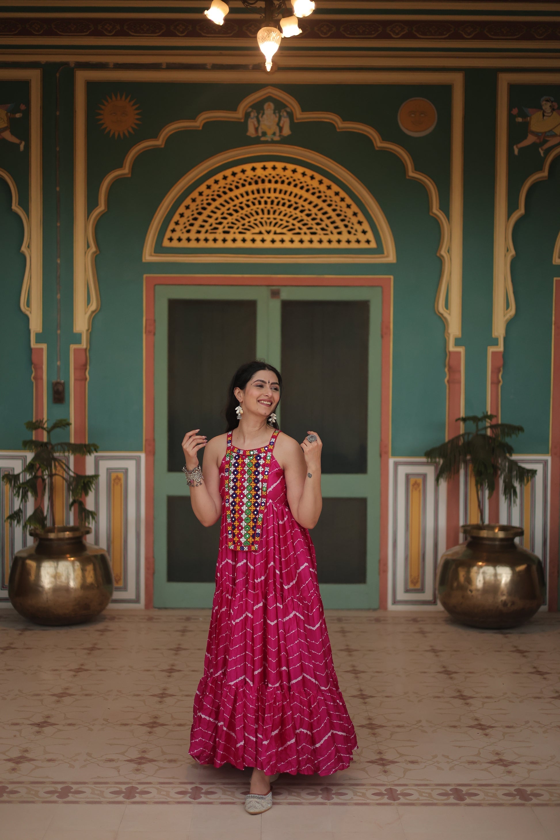 Pink leheriya print chinon Vandana designer sleeveless gown