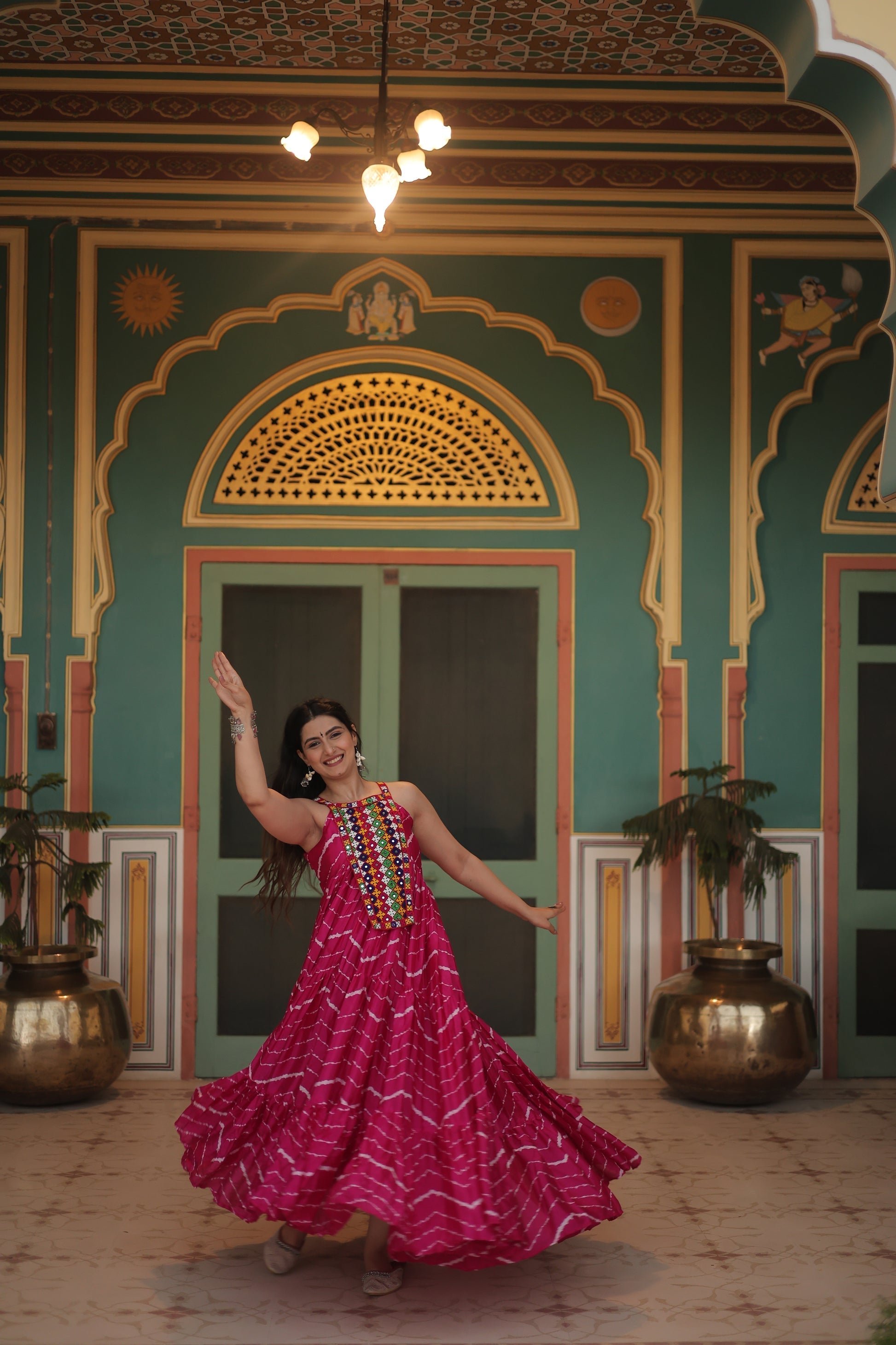 Pink leheriya print chinon Vandana designer sleeveless gown