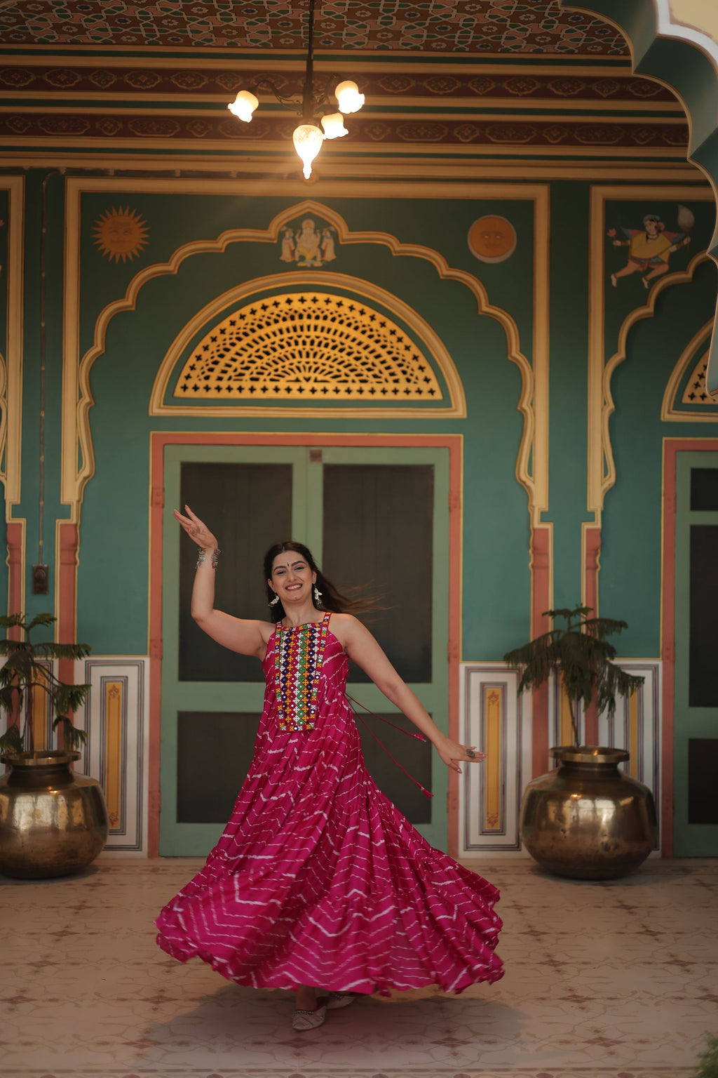 Pink leheriya print chinon Vandana designer sleeveless gown