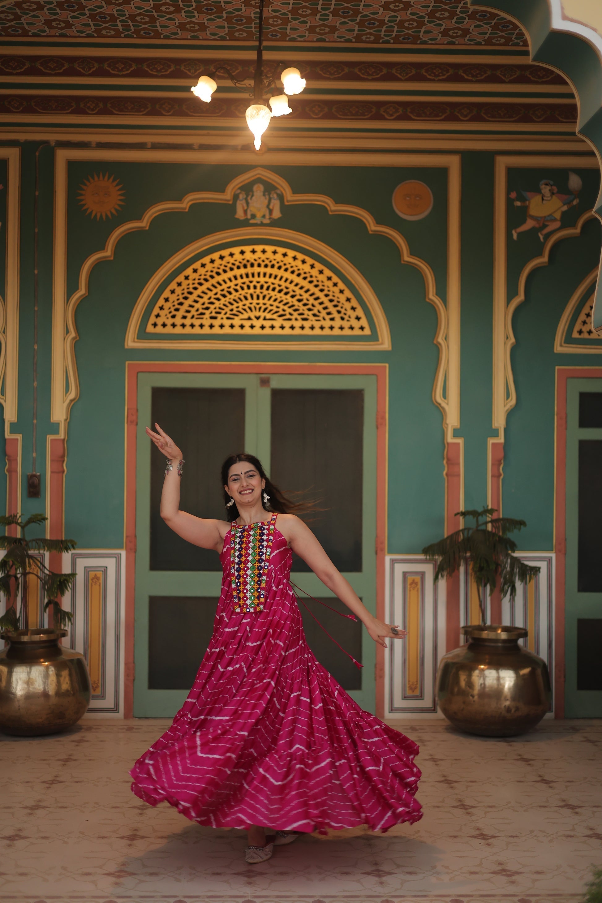 Pink leheriya print chinon Vandana designer sleeveless gown