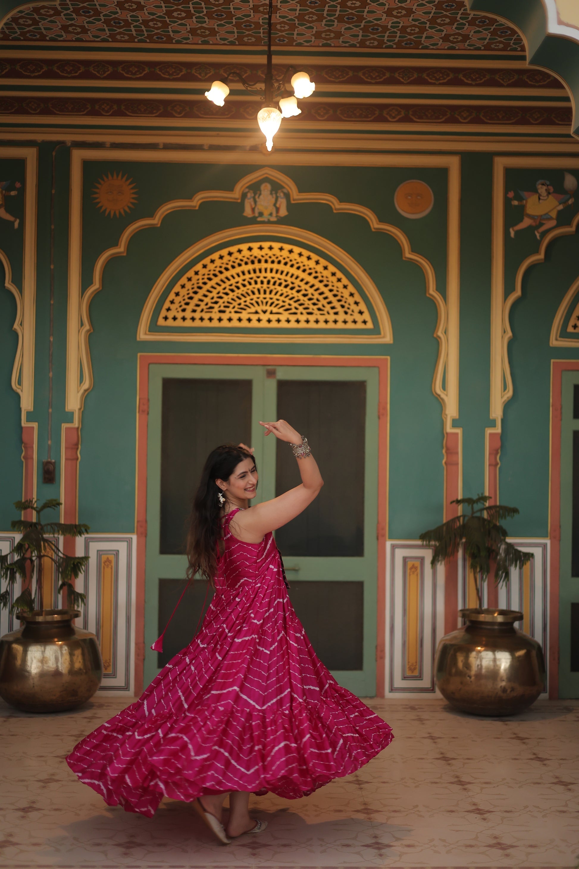 Pink leheriya print chinon Vandana designer sleeveless gown