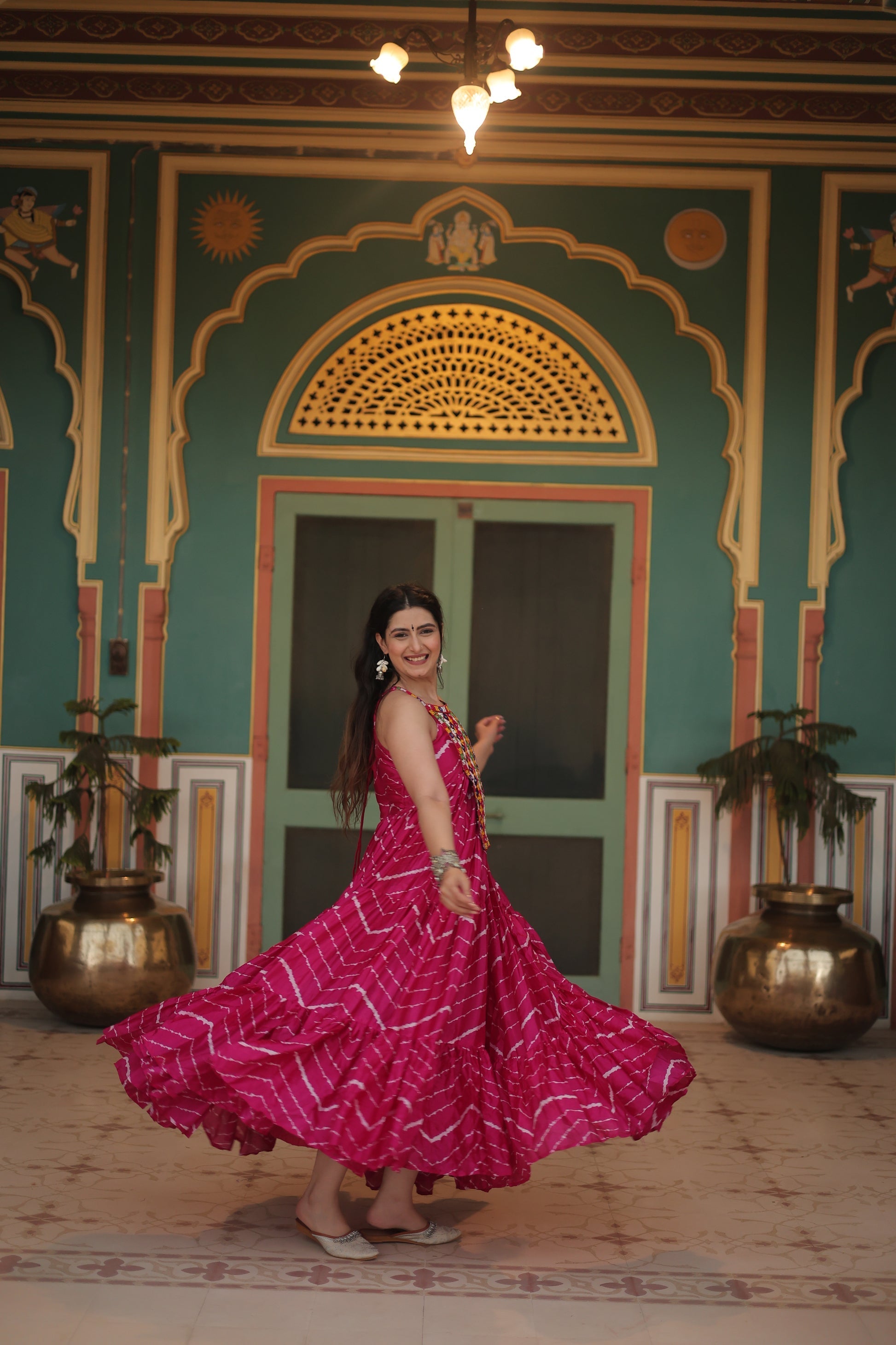 Pink leheriya print chinon Vandana designer sleeveless gown