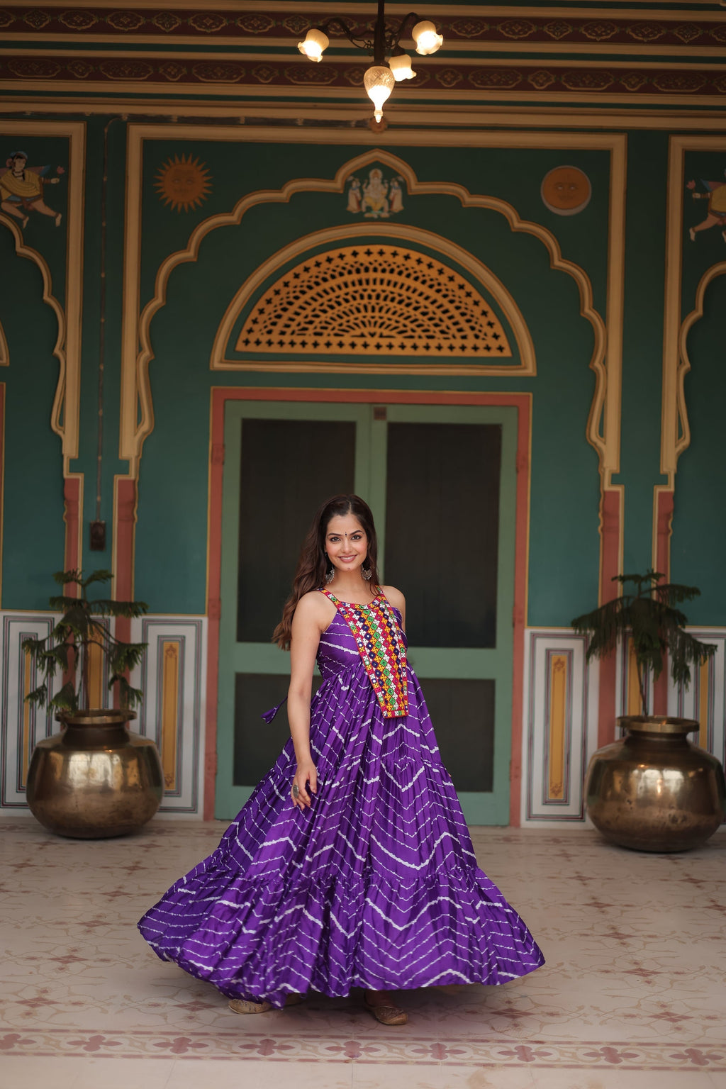 Purple leheriya print chinon Vandana designer sleeveless gown
