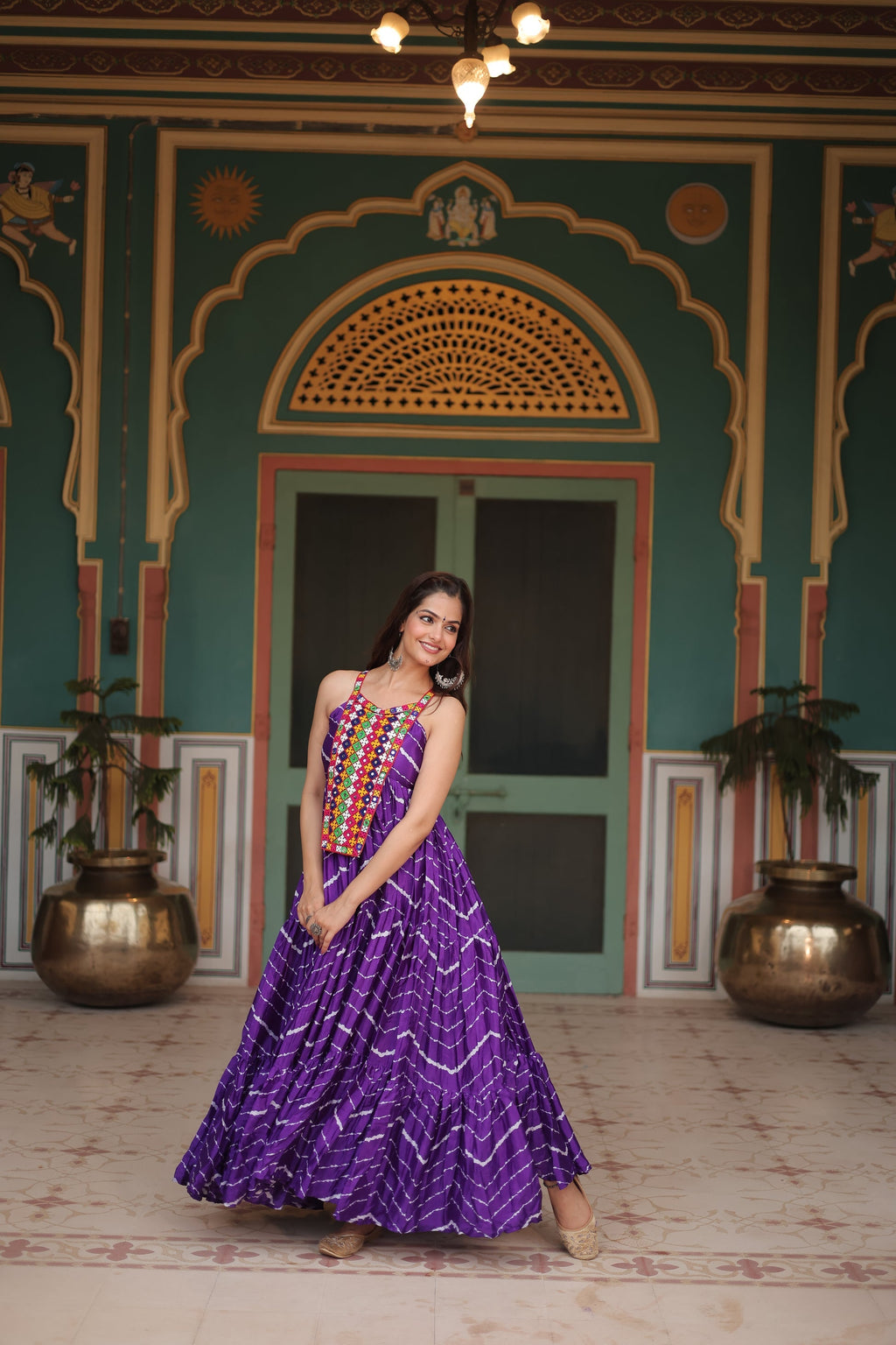Purple leheriya print chinon Vandana designer sleeveless gown